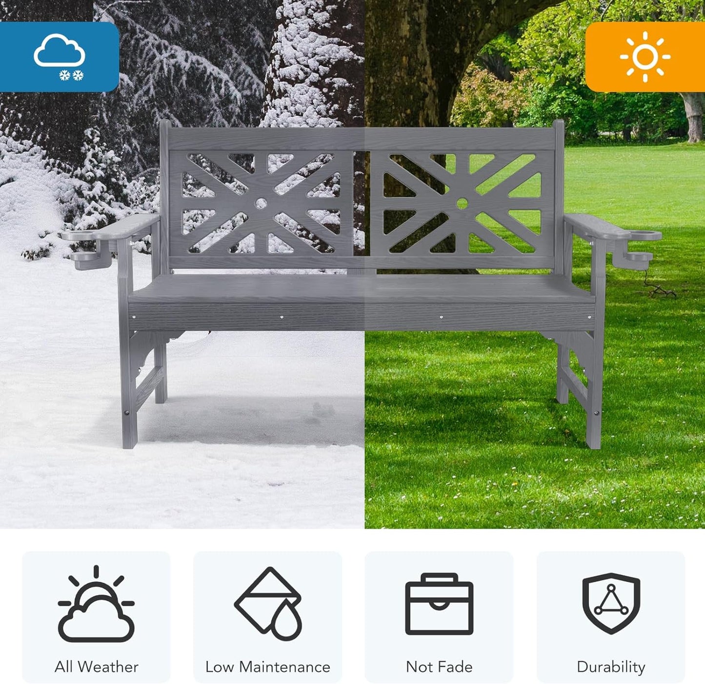 Oversized Outdoor Bench with Cup Holders, 51.5” HDPE Aesthetic Garden Bench for 2 Person, Memorial Benches - Easy Assembly & All Weather, for Porch & Patio, 800lbs Load Capacity (Grey, 1pc)