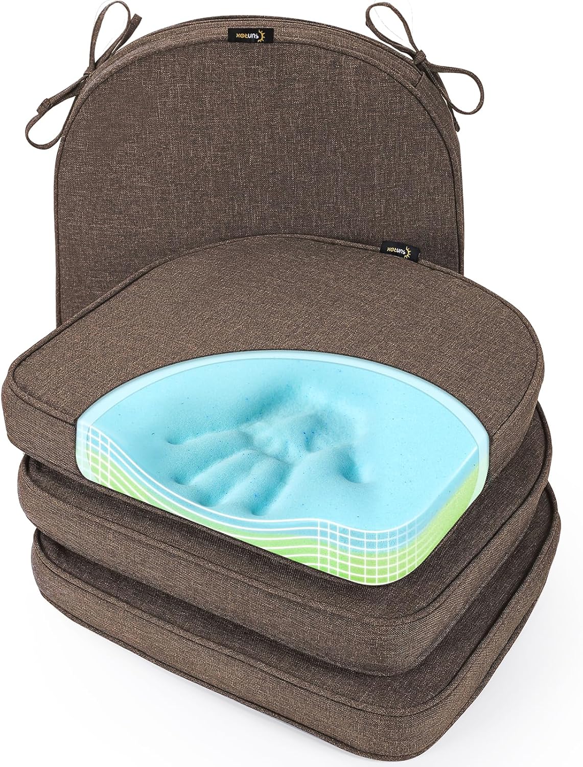 SUNROX Gel Memory Foam Chair Cushions, FadeShield Water-, Stain-Resistant Durable Reversible Seat Cushion Pads with Ties for Indoor/Outdoor Kitchen Dining Office 17"x16" Set of 4, Heather Chestnut