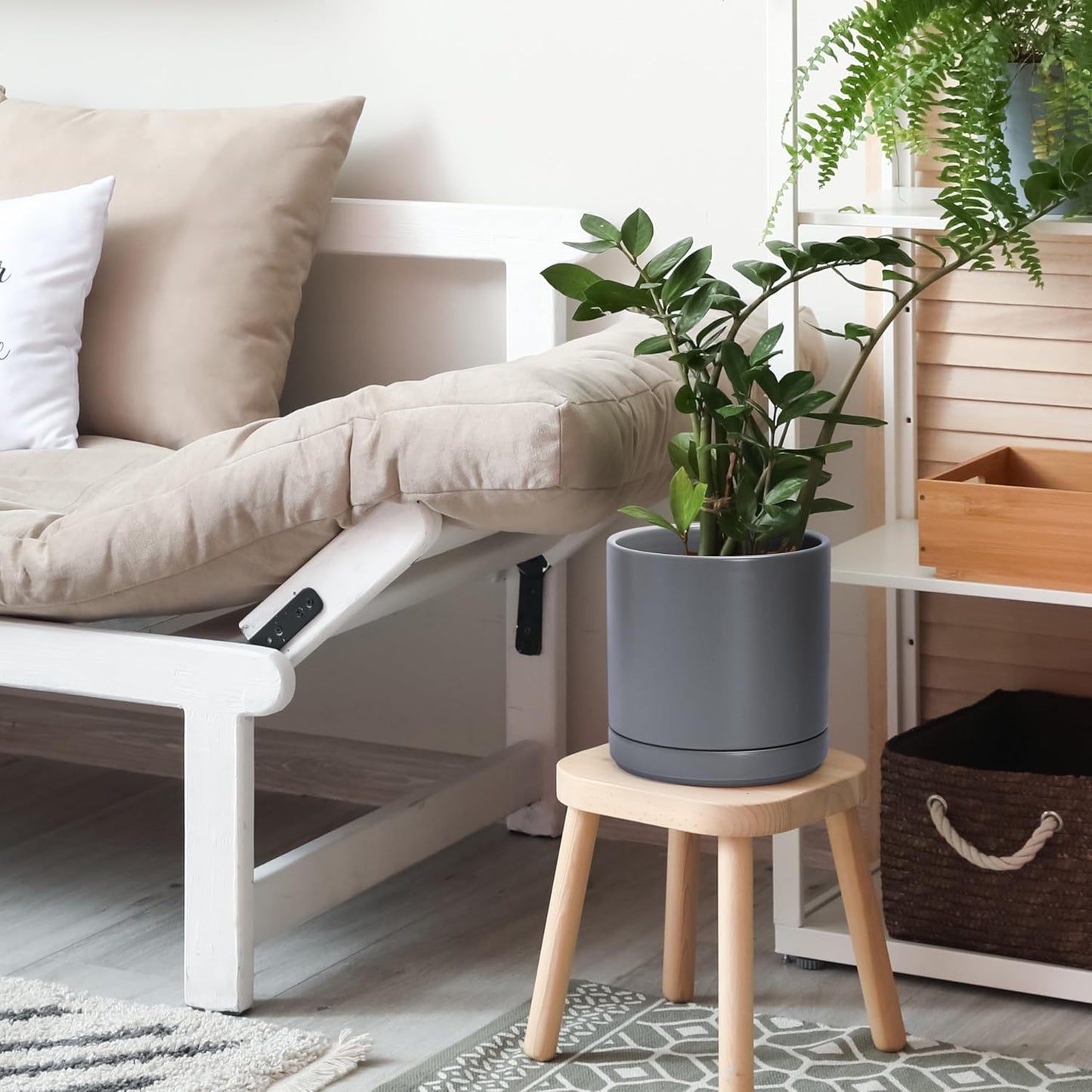 D'vine Dev 4 Inch & 6 Inch & 8 Inch, Set of 3 Round Ceramic Planter Pot with Drainage Hole and Saucer, Grey, 94-T-M-3