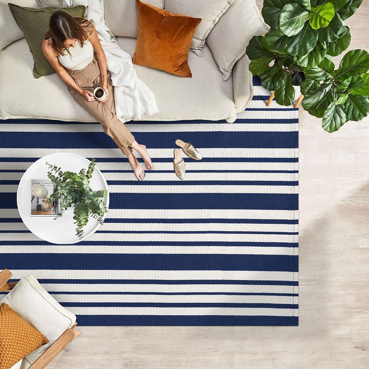 IOHOUZE Navy and White Striped Rug 4'x6' Outdoor Rugs, Washable Area Rug for Double Front Door, Large Patio Rug Outdoor Indoor, Doormat for Entryway Porch Entrance