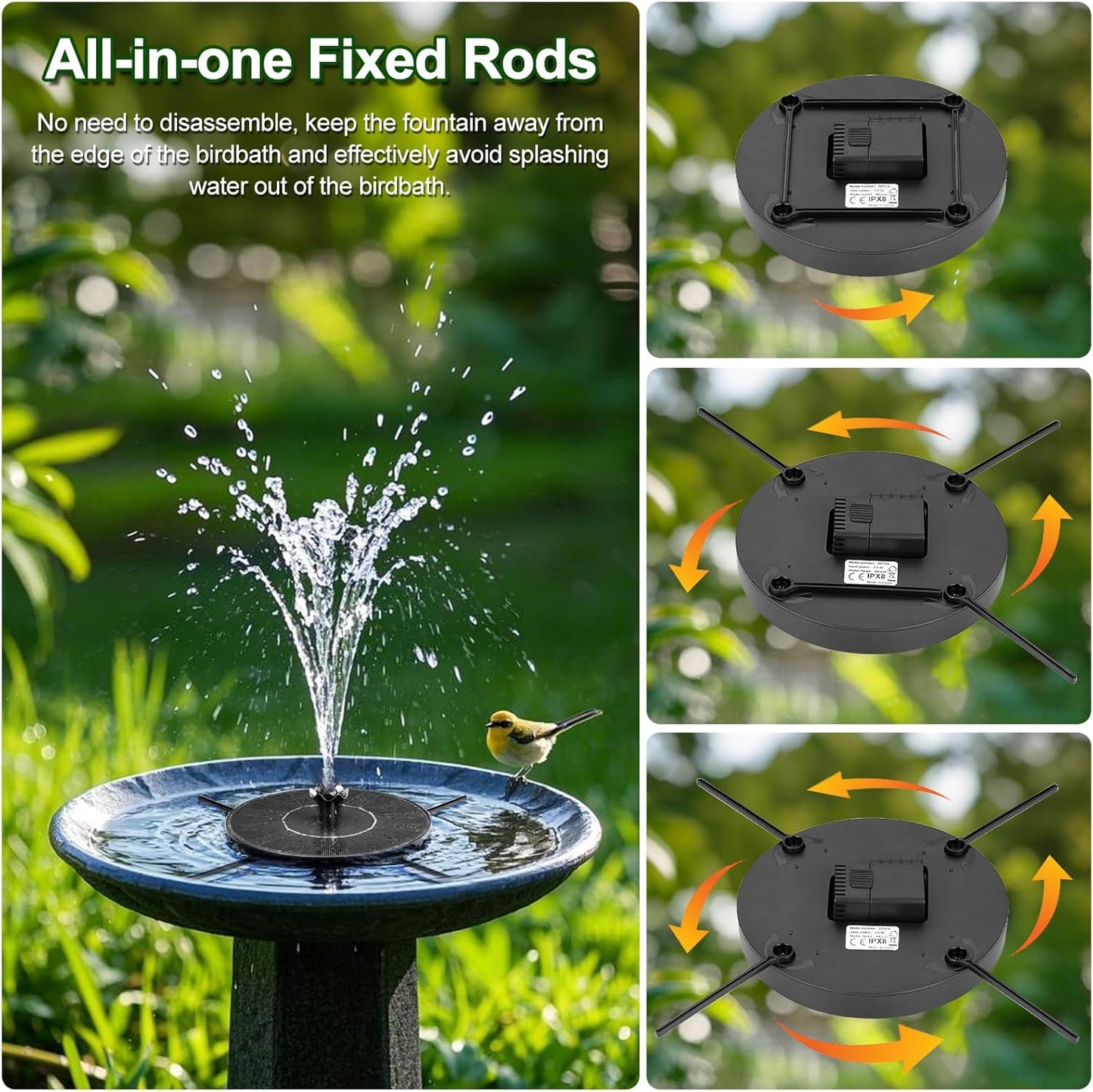 Solar Fountain Pump with Spray Height Adjustment, Upgrade Glass Solar Bird Bath Fountains with 6 Nozzles, Outdoor Solar Water Fountain Pump for Bird Bath, Garden, Pool, Pond