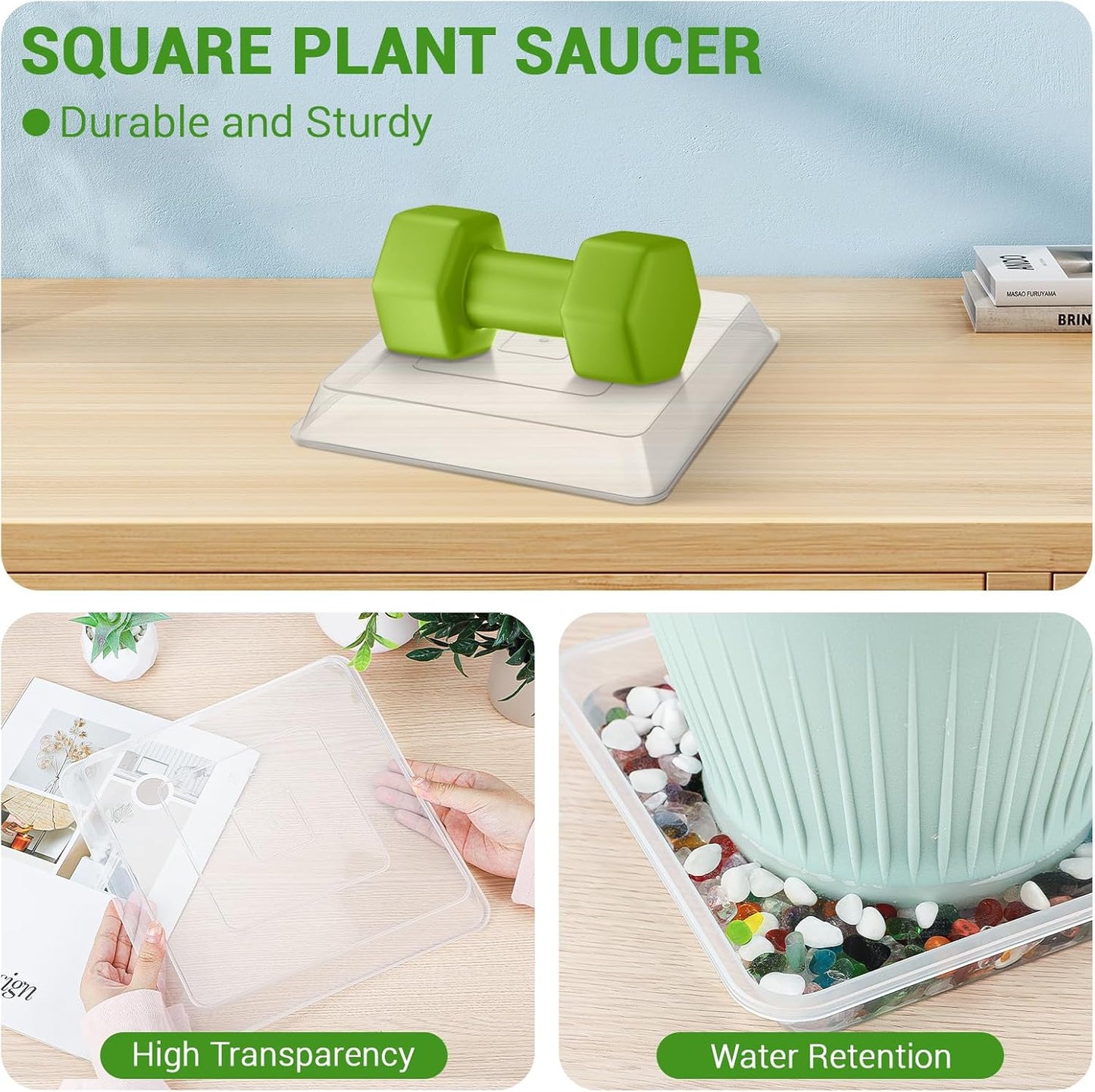 GREANER 10 Inch Large Plant Tray, 6 Packs Square Plant Pot Saucer, Durable Thick Watering Trays for Plants, Plastic Plant Tray for Outdoor Indoor Garden Supplies(Clear)