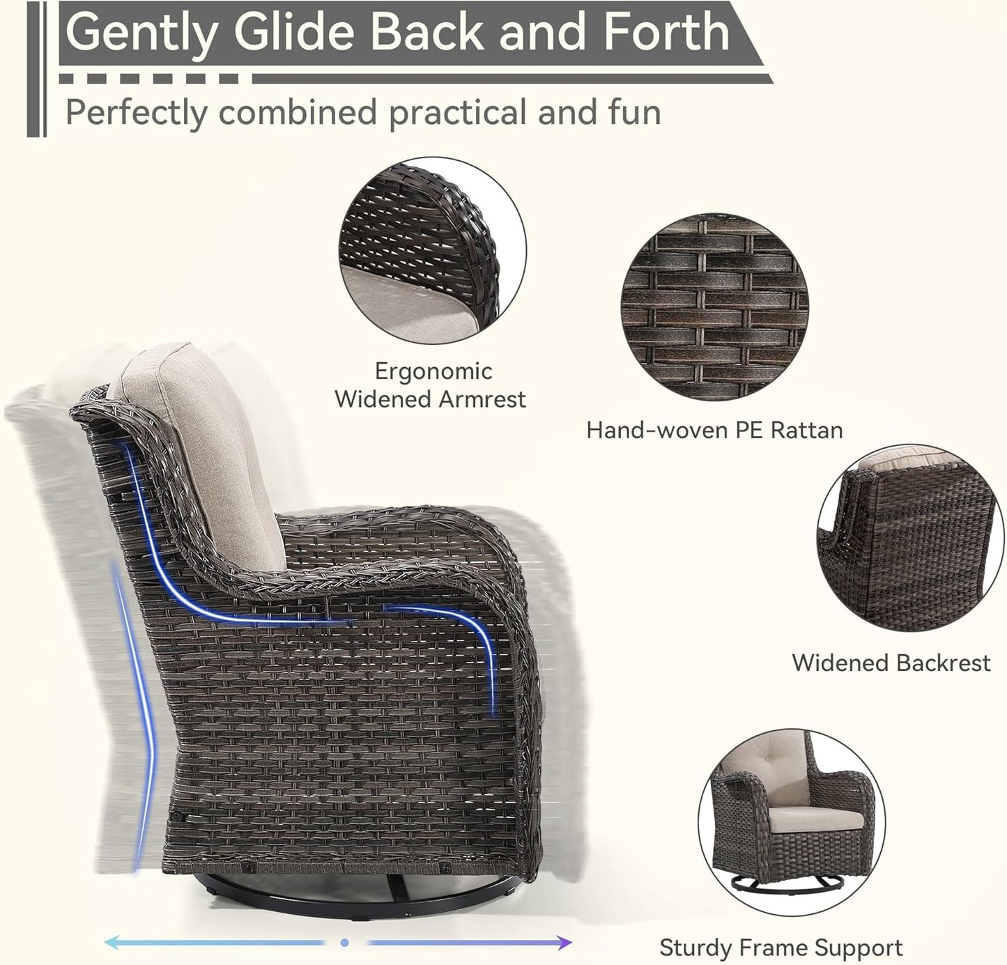 6 Pieces Outdoor Furniture Set - Patio Wicker Swivel Rocker Chair Set of 4 and 2 Side Table, Beige, Mixed Brown Rattan, Suitable for Porch, Yard