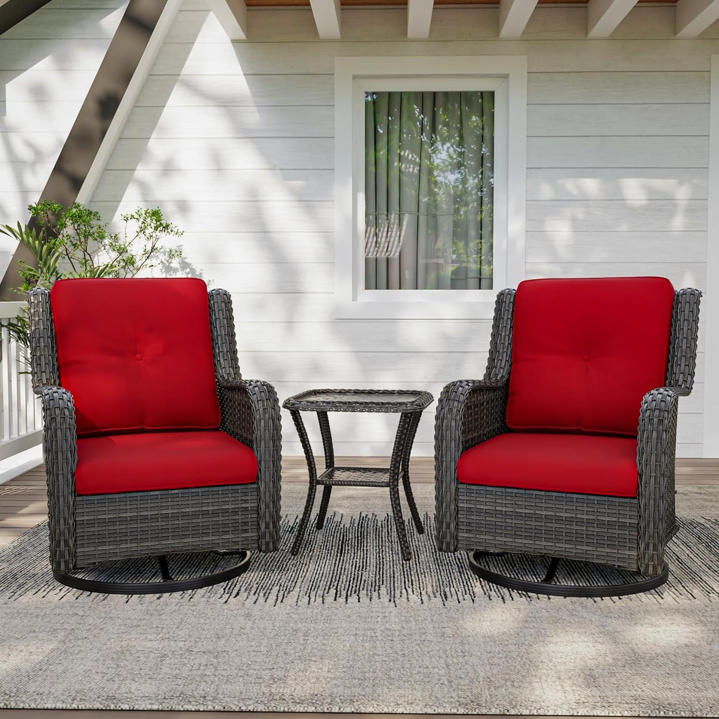 3 Pieces Outdoor Furniture Set - Patio Wicker Swivel Rocker Chair Set of 2 and 1 Side Table, Red, Mixed Brown Rattan, Suitable for Porch, Yard