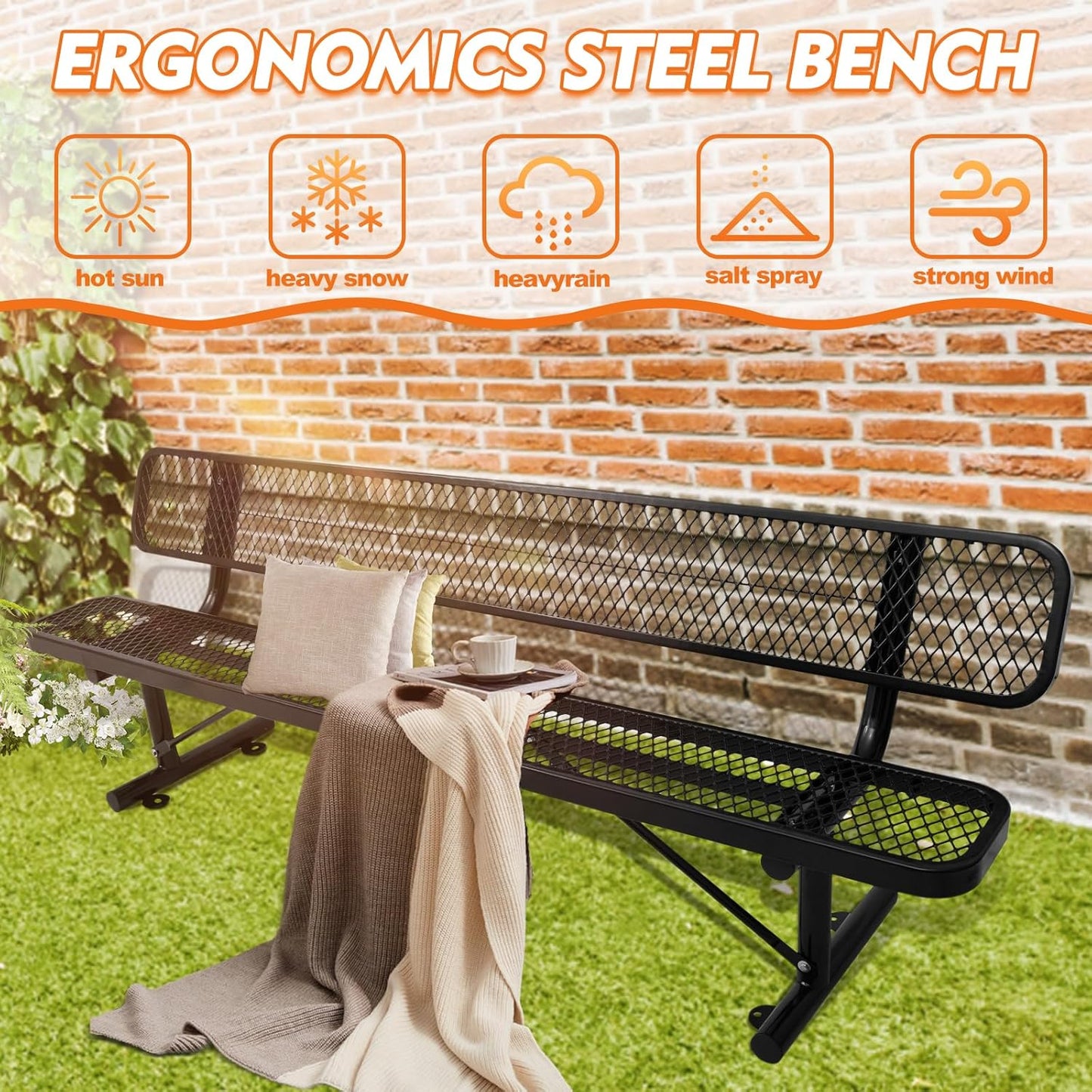 6Ft Outdoor Bench with Back Portable Frame, Outdoor Steel Park Bench with Backrest, Expanded Metal Mesh Bench for Outside, Lawn, Backyard, Park, Deck, Garden, Patio, Porch, Black