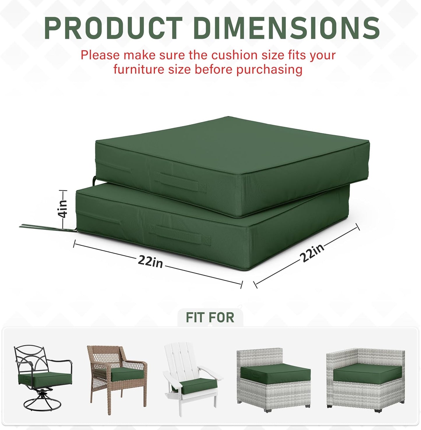 Patio Chair Cushions 22 X 22 X 4 Inch Waterproof Outdoor Seat Cushions for Patio Furniture, Outdoor Sofa Couch Pads with Ties & Handle, Set of 2, Green