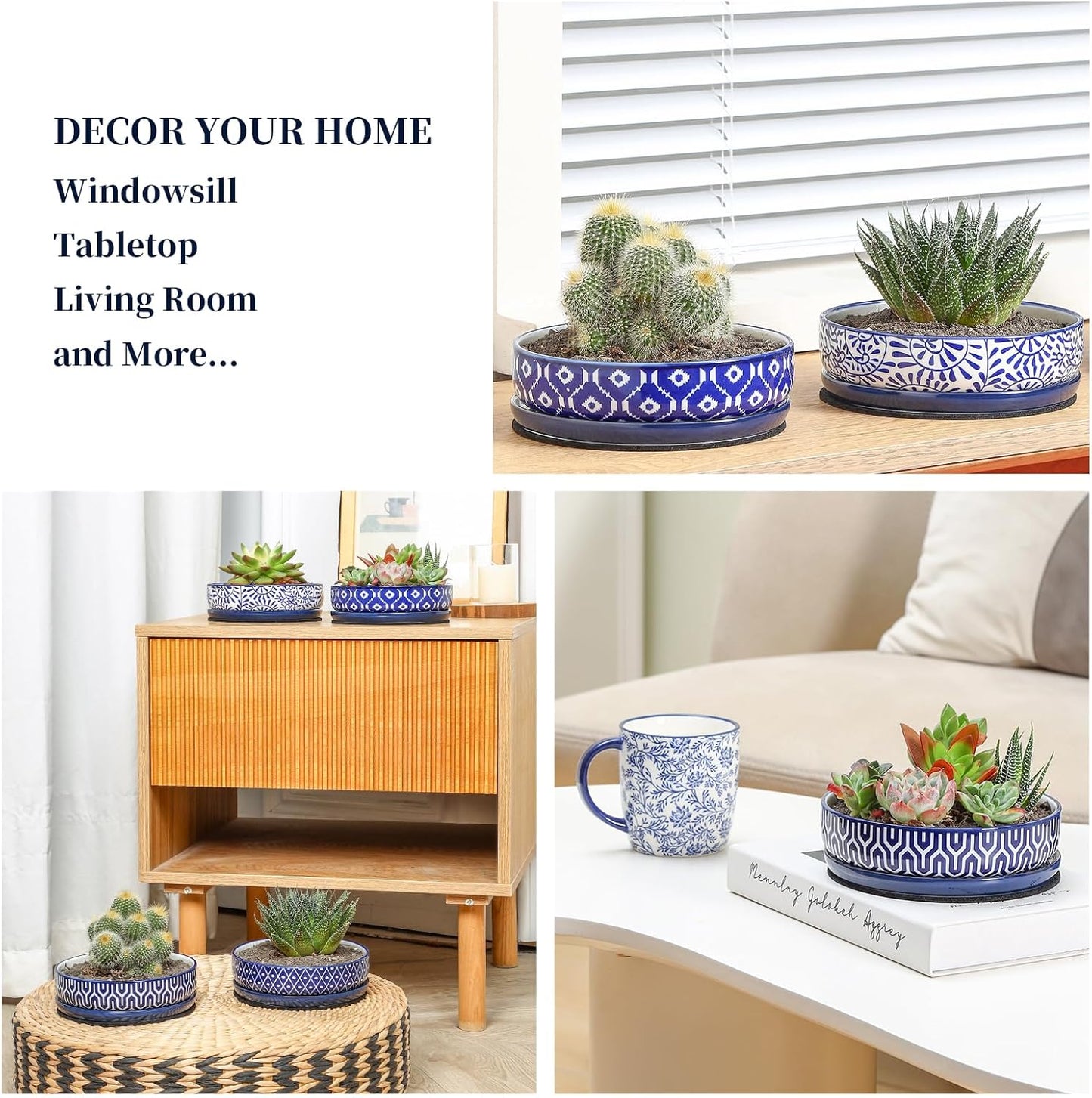 Selamica Ceramic Succulent Pots with Drainage Hole & Saucer for Cactus, Herb, Home Decor, Set of 4, Blue