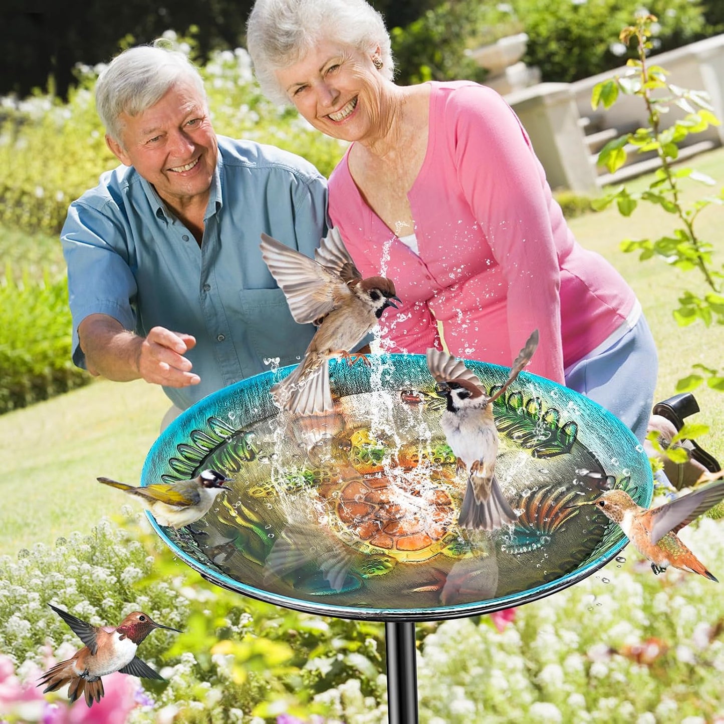 Metal Bird Bath for Outside, Detachable Birdbath & Birdfeeder with Base Stake, Vintage Bird Baths Feeder Bowl for Outdoors Garden Yard Lawn Decor (Vintage Silver)