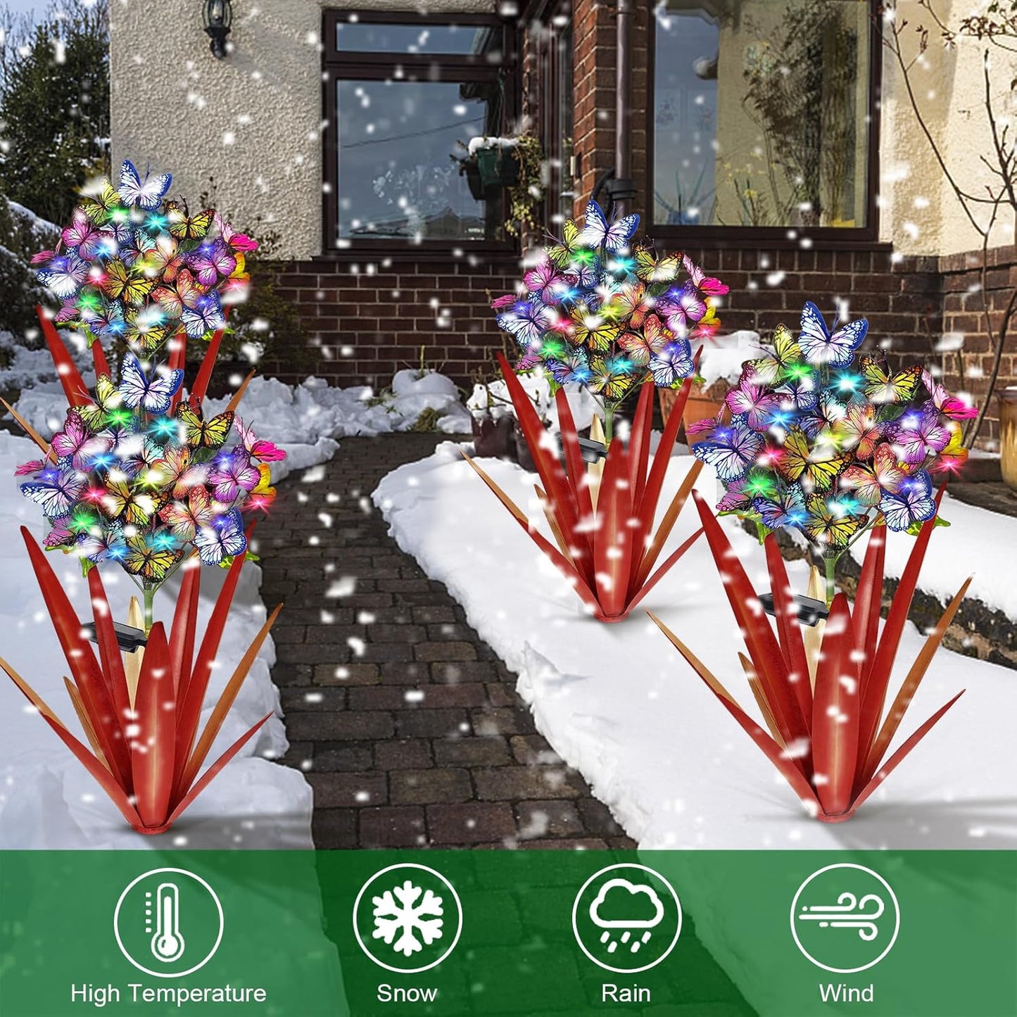 Homight Solar Metal Agave Butterfly Flower Stick Garden Sculpture - Outdoor Gift, Christmas Lights - Swaying Butterfly Garden Lights - Solar Outdoor (3 PCS RED)