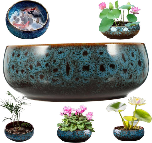 Lotus Bowl Planter, Lotus Bowls for Planting in Water Indoors, Ceramic Planters for Indoor Plants, Thickened Round Planter, for Succulent Plants Leak-Proof Design (Dark Blue)
