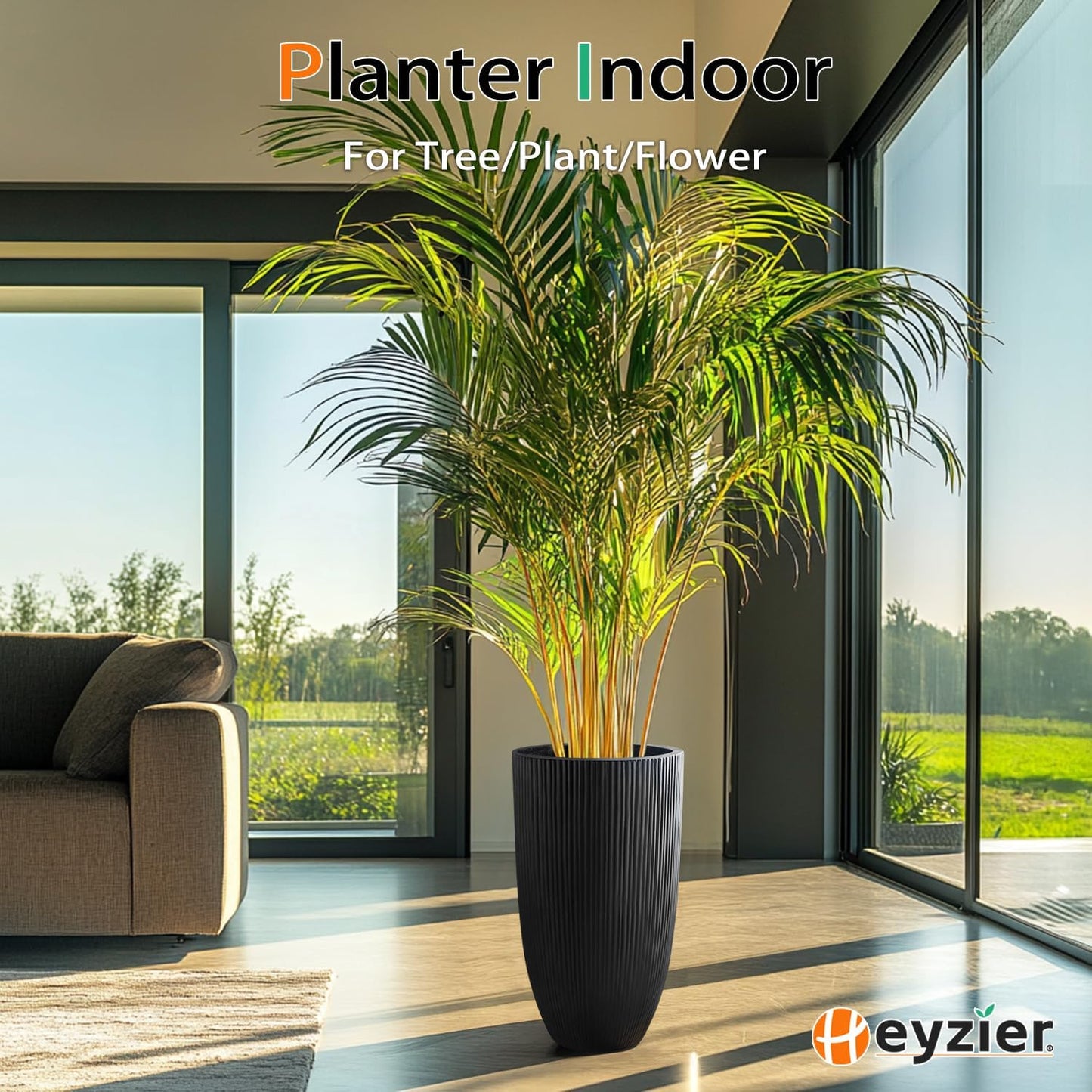 Tall Planters for Outdoor Plants, Large Concrete Flower Pots for Garden Front Porch, Patio, Indoor (Vertical Black, 24 inch)