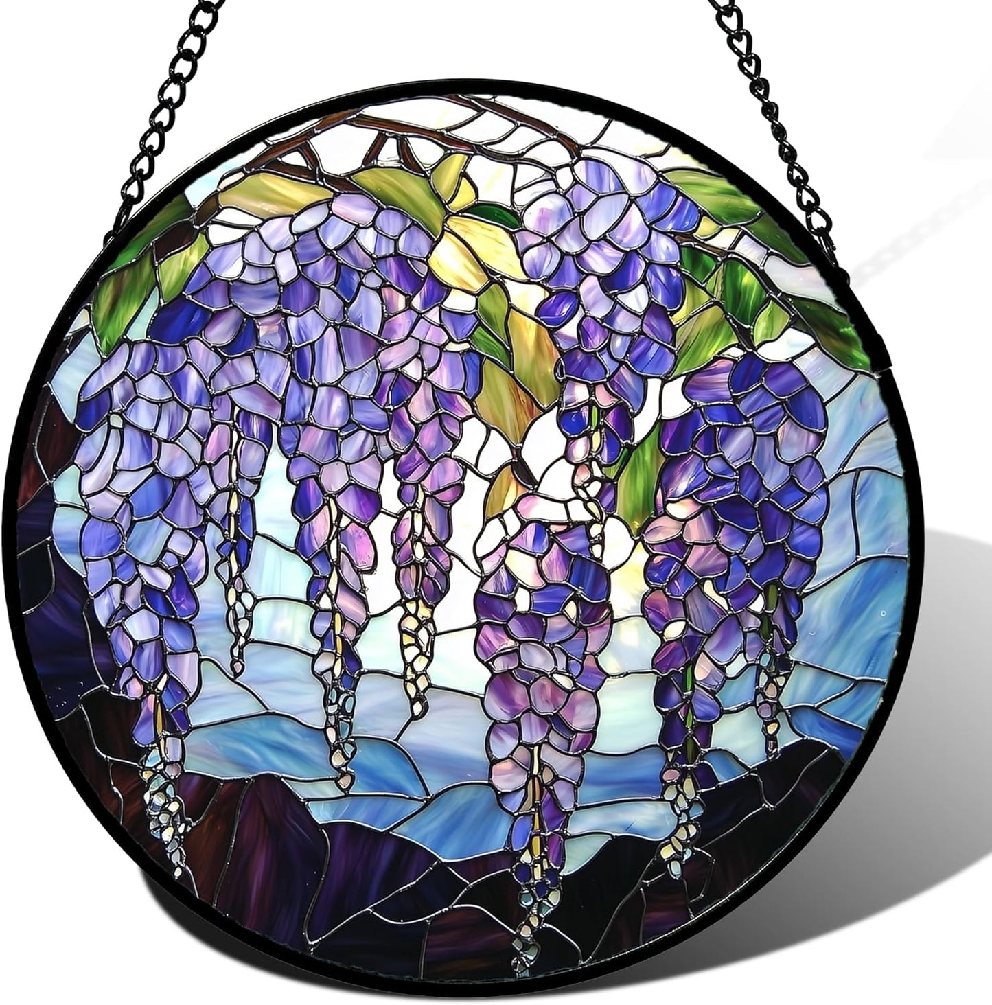 Stained Glass Window Hanging, Purple Wisteria Flowers Suncatcher for Doors Window Home Plant Sun Catchers Decoration Mother's Day Birthday Gifts for Women, Men, and Mom 15x15 in