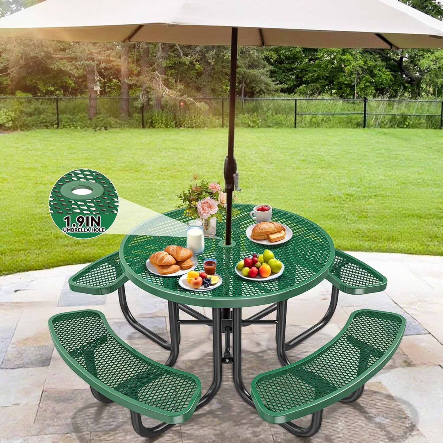 Heavy-Duty Park Bench or Table for Outside - Black Coated Outdoor Furniture Steel Bench, Commercial-Grade Outdoor Benches Weatherproof for Park, Patio, Porch (Green, 46” (Rd. Table))