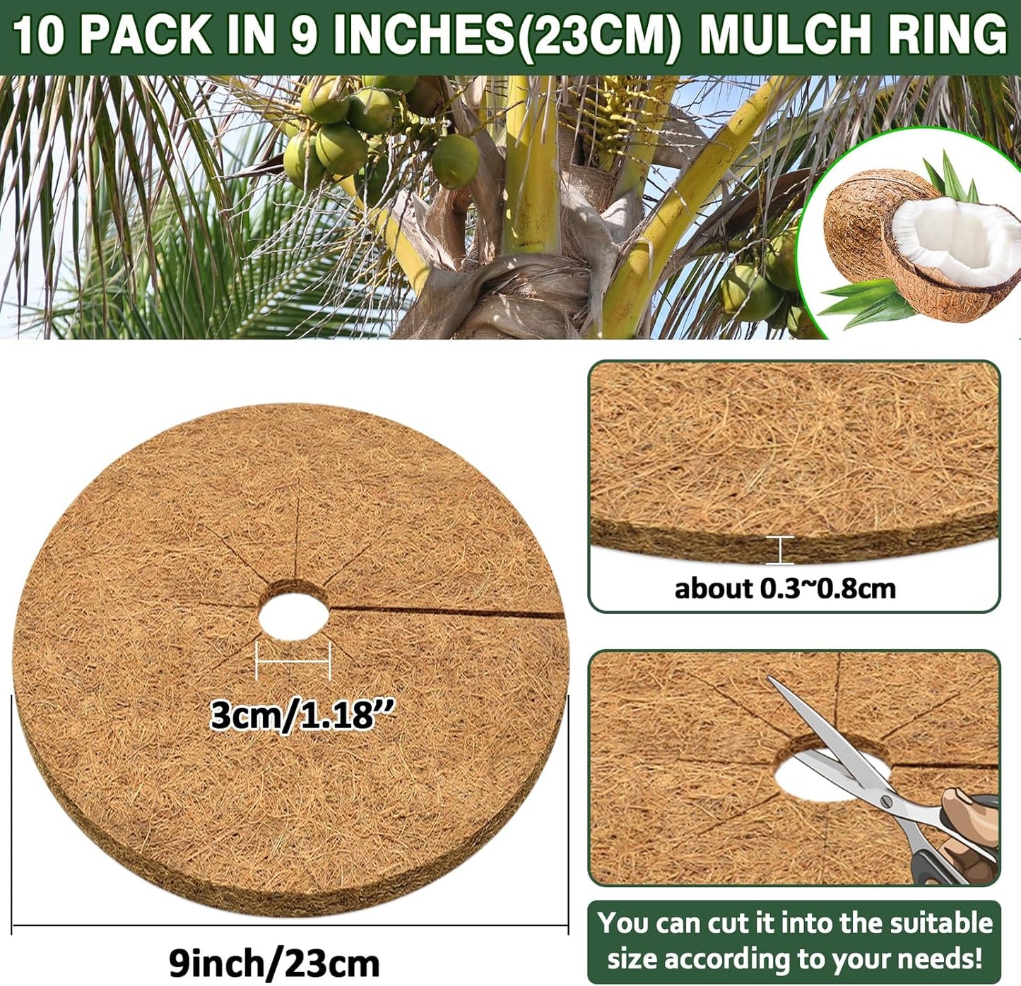 ZeeDix 10 Pack 9 Inch Coconut Fiber Mulch Ring, 100% Natural Coco Coir Tree Ring Mulch Mat Plant Protector Mat, Coconut Coir Discs Plant Pot Soil Cover for Indoor Outdoor Plants, Flower Pot Decoration