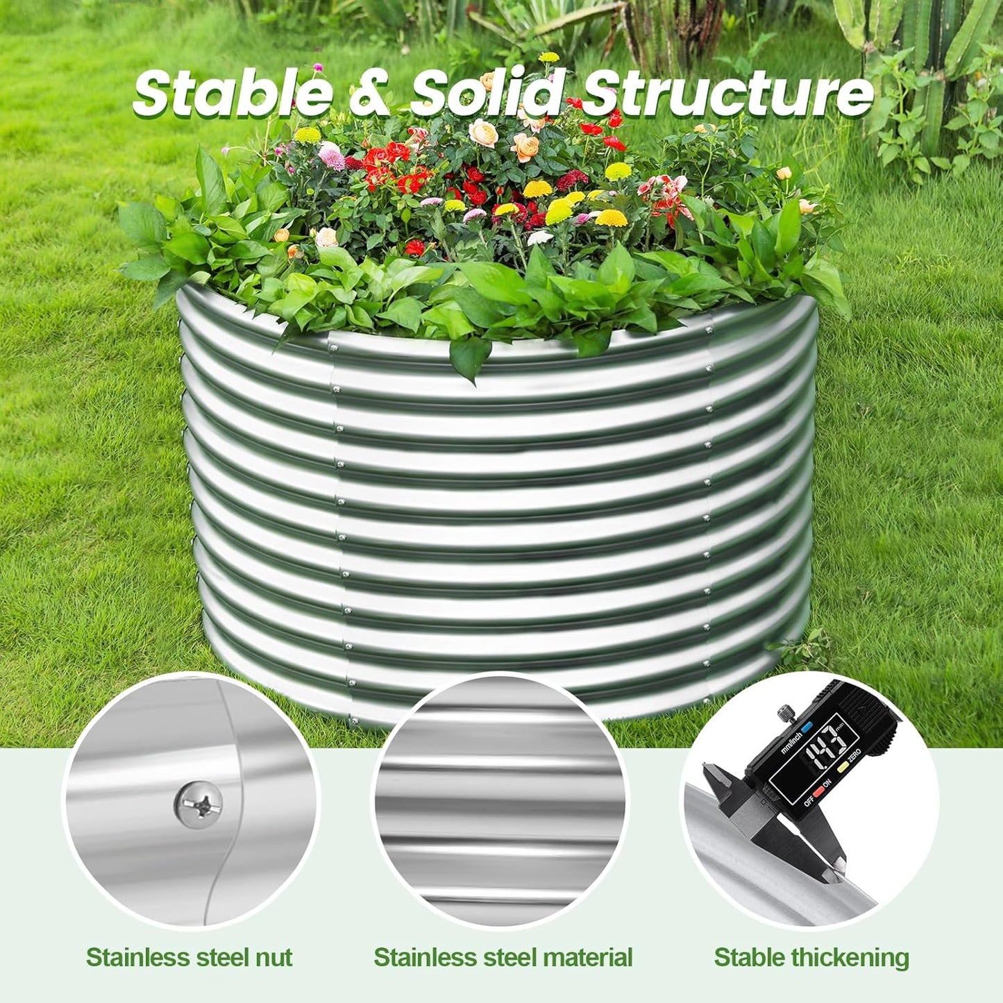 Land Guard 3×3×3ft Galvanized Raised Garden Bed Kit, Round Galvanized Planter Raised Garden Boxes Outdoor, Large Metal Raised Garden Beds for Vegetables, Silver