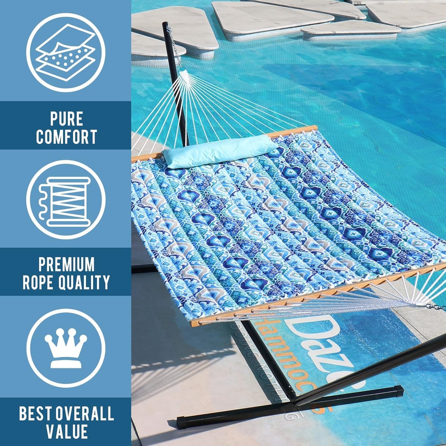 Lazy Daze Hammocks 12FT Quilted Fabric Hammock with Pillow, Double 2 Person Hammock with Spreader Bar for Outdoor Outside Patio Garden Yard Pool Beach QFH037