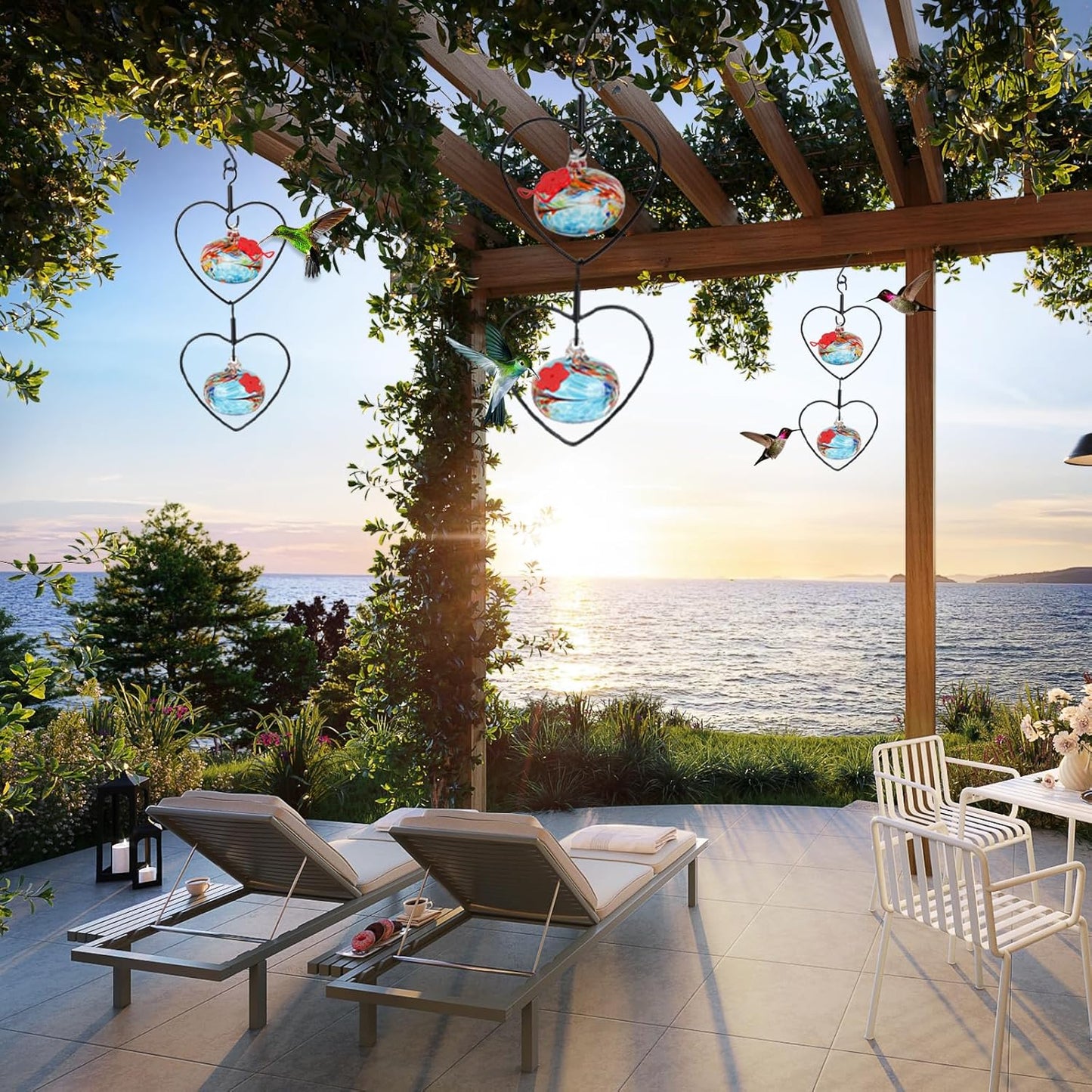 6 Pcs Heart-Shaped Hummingbird Feeder for Outdoors Hanging, Flexible Stackable Hand Blown Glass Humming Bird Feeders with 6 Adjustable Perch for Garden Tree Yard Patio Outdoors (Heart Shaped, Blue)