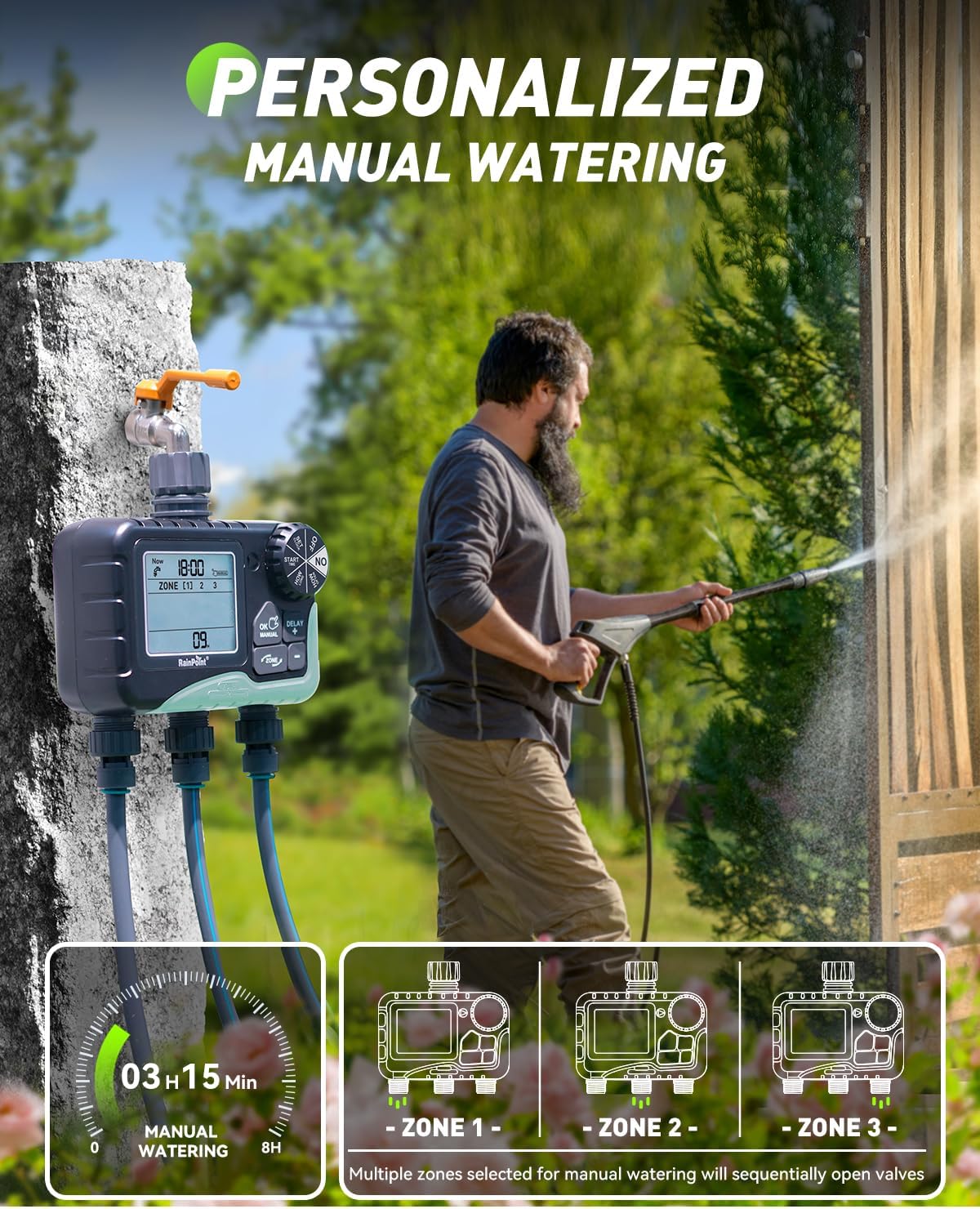 RAINPOINT Sprinkler Timer 3 Zone, Programmable Water Timer for Garden Hose,Hose Faucet Timer, Hose Timers for Watering with Automatic/Manual/Rain Delay/Watering Mode, IP65 Waterproof, Large LCD