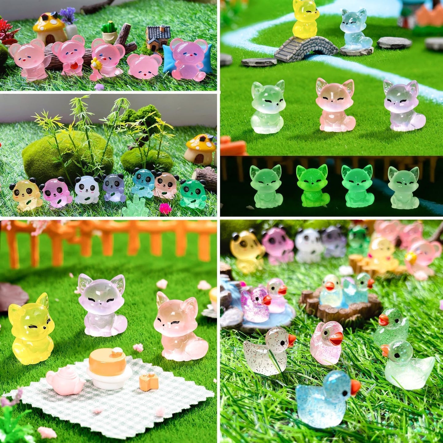 Luminous Mini Resin Animals - 138 Pcs Tiny Animals Mini Ducks Tortoise Rabbit Panda Mushroom Fruits Seashells Set Figurines Glow in The Dark Garden Miniatures Fairy Garden Accessories (138)