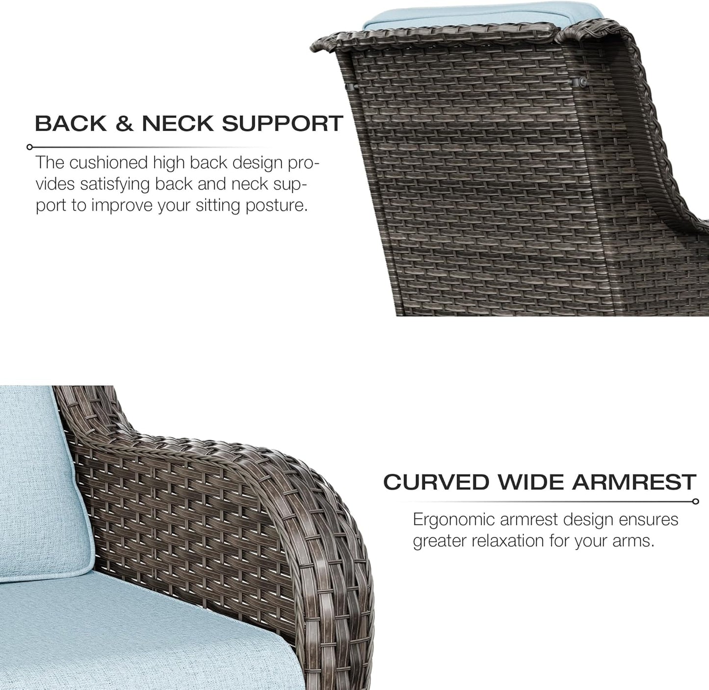 Joyside Outdoor Swivel Rocker Patio Chairs Set of 2 and Matching Side Table - 3 Piece Wicker Patio Bistro Set with Premium & Soft Fabric Cushions(Mixed Grey/Aqua)