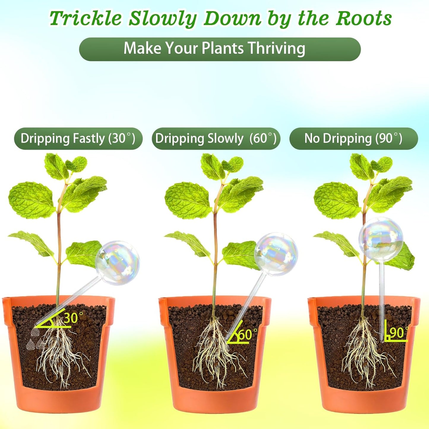 Large Plant Watering Globes, 3PCS Iridescent Rainbow Gradient Color Clear Glass Bulbs Self Watering Spikes Planter Insert, Automatic Plant Waterer Bulbs Devices for All Plants, 9" L * 2.75" D