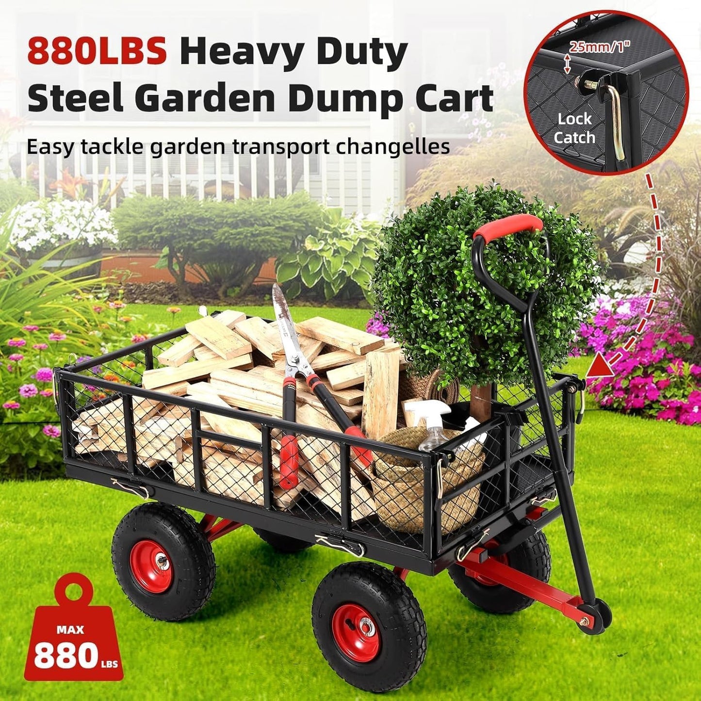 880 Lb 10 Inch Tire Steel Garden Cart with 4-Side Removable Mesh and 180° Swivel Handle, Garden Wagon Cart Heavy Duty, Heavy-Duty Patio Dump Cart Utility Wagon, for Lawn, Patio