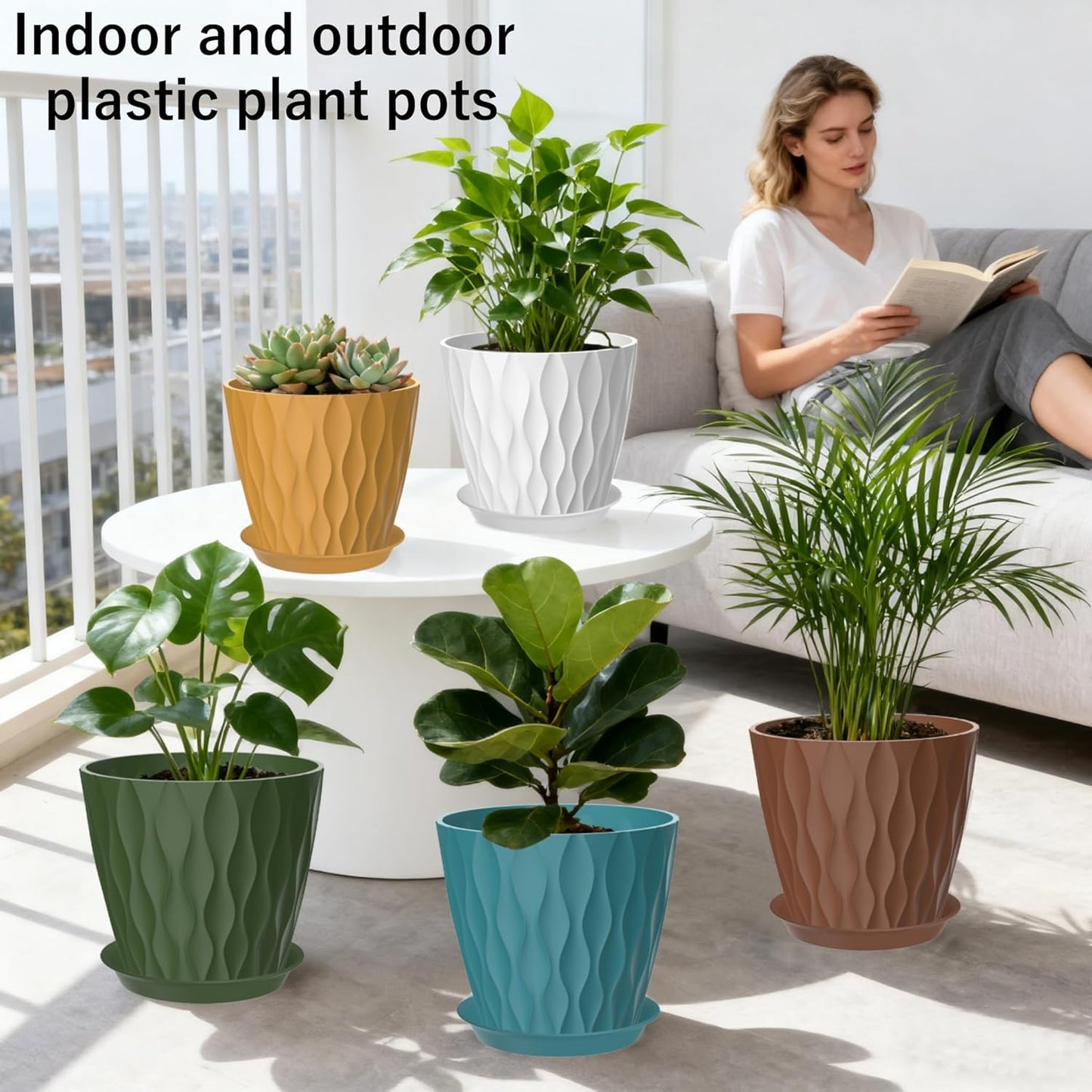 7 Inch Plant Pots Set of 5, Plastic Flower Pots with Drainage Holes and Trays, Planter Pot for Indoor Plants, Decorative Pots for Plants Indoor/Outdoor （Multicolor）