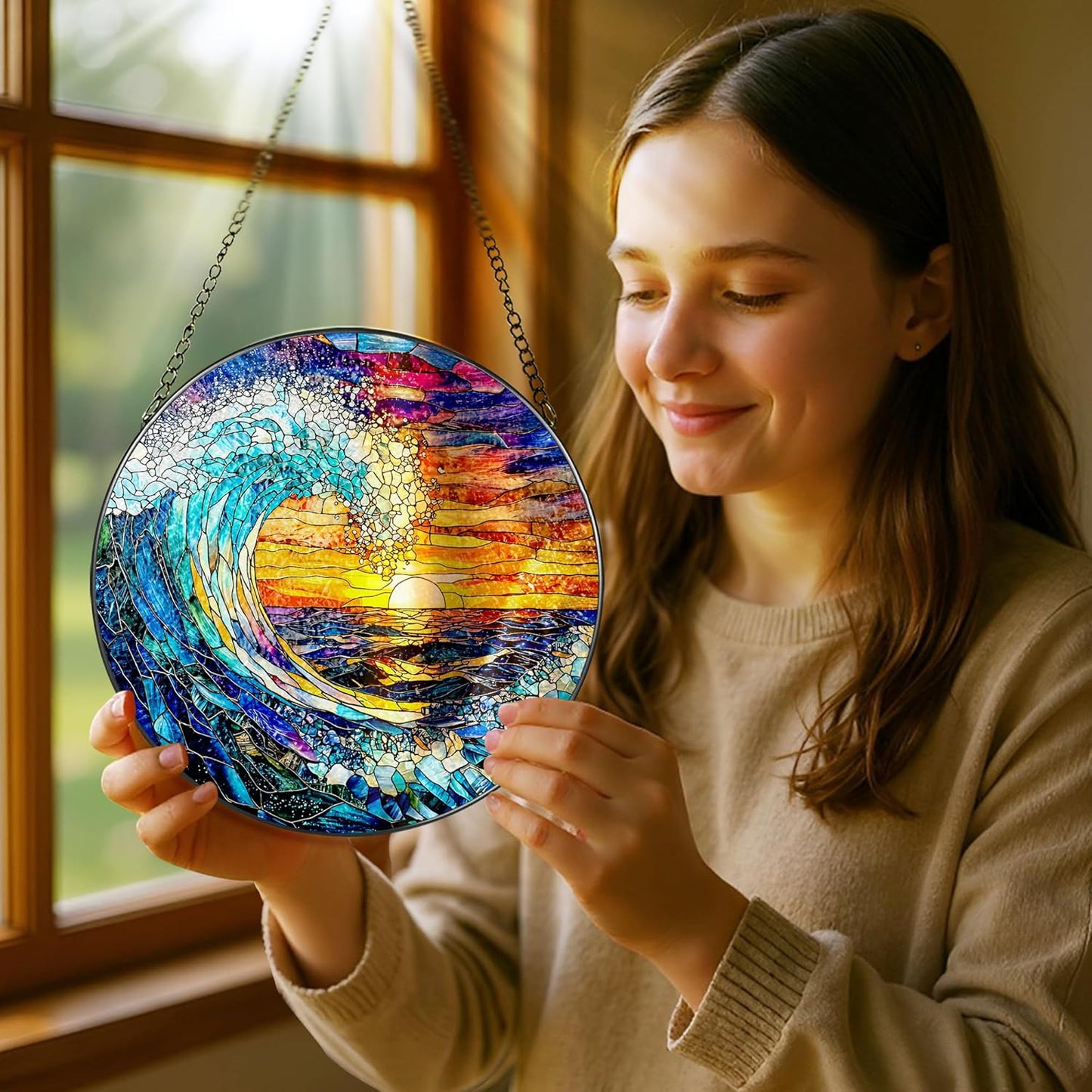 Stained Glass Window Hanging, Pauyadu 8 Inch Sea Waves Stained Glass Suncatcher, Sunset on The Beach Window Decor, Gift for Beach Lovers, Natural Gifts, Christmas, Mother's Day, Housewarming Gifts