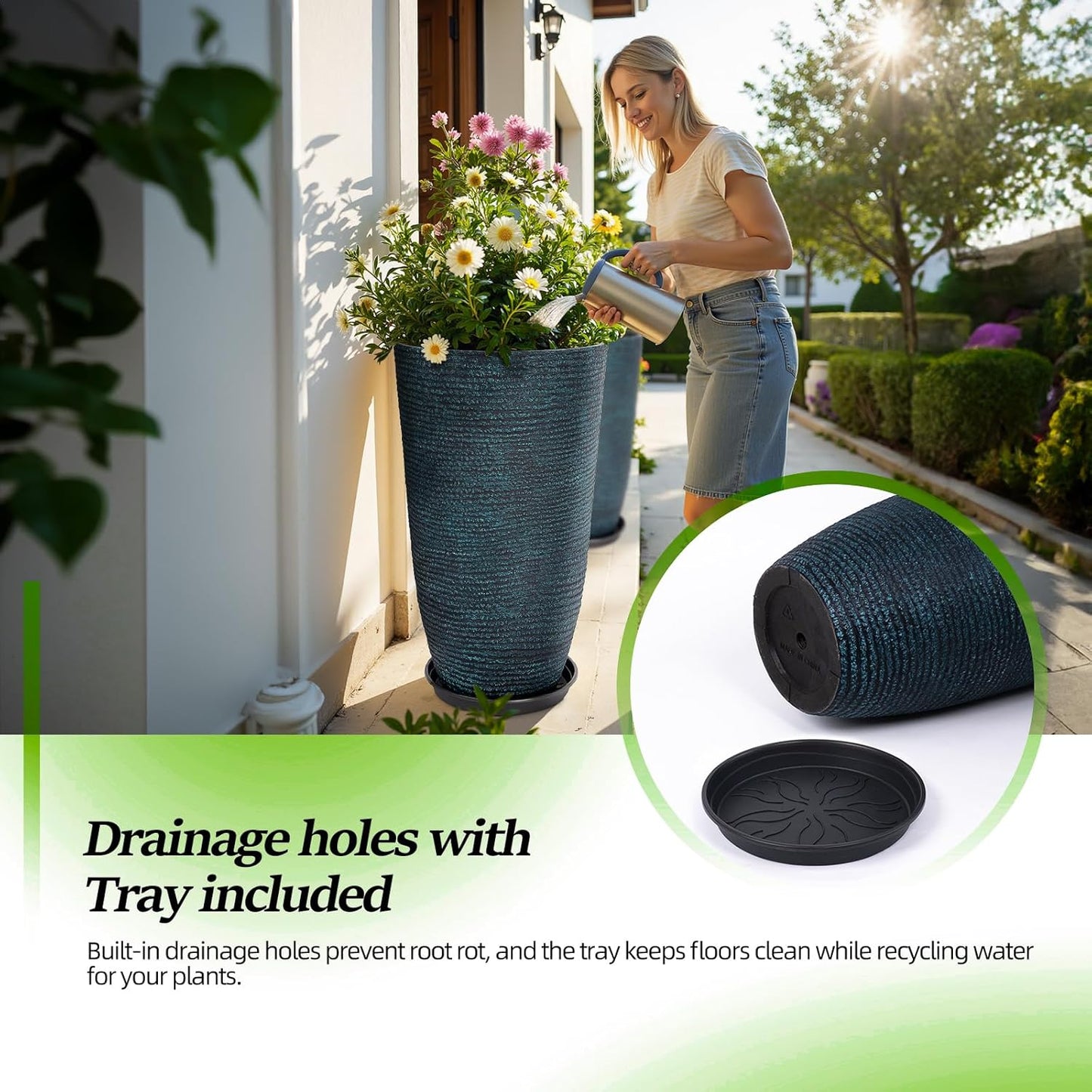 QCQHDU Large Tall Blue Planters with Saucer - 9 Gallon 12" Diameter x 21" H Faux Stone Round Pots for Indoor Plants, Outdoor Patio & Porch Decor, Heavy Duty Weatherproof Plant Containers