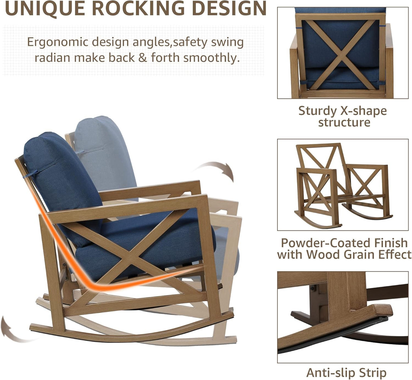 NATURAL EXPRESSIONS Sunbrella Rocking Bistro Set, 3 Piece Outdoor Patio Conversation Furniture Set with 6.5'' Thick Cushions Wood Grain Finish Frame for Backyard,Porch,Poolside