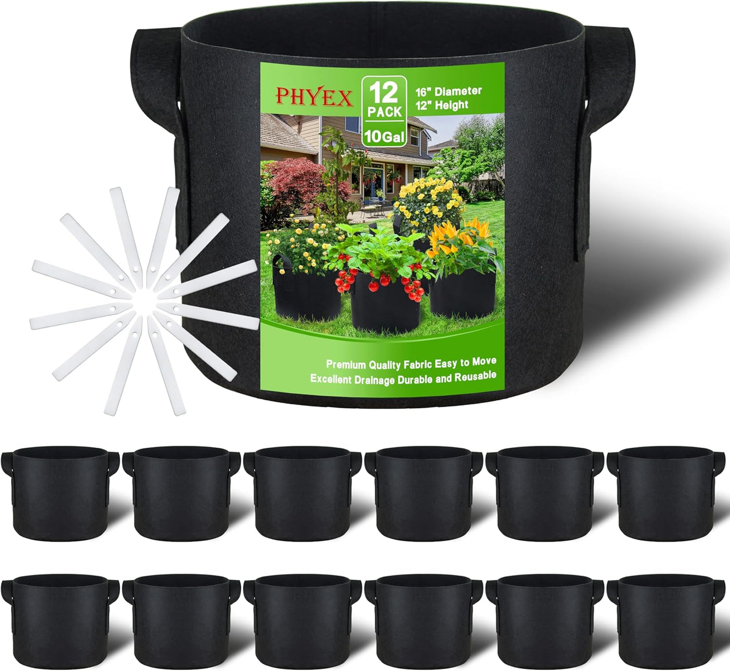 PHYEX 12-Pack 10 Gallon Grow Bags, Heavy Duty Fabric Pots with Handles, Reusable Plant Bags for Vegetable, Herbs & Flowers, BPA-Free, Breathable, Durable