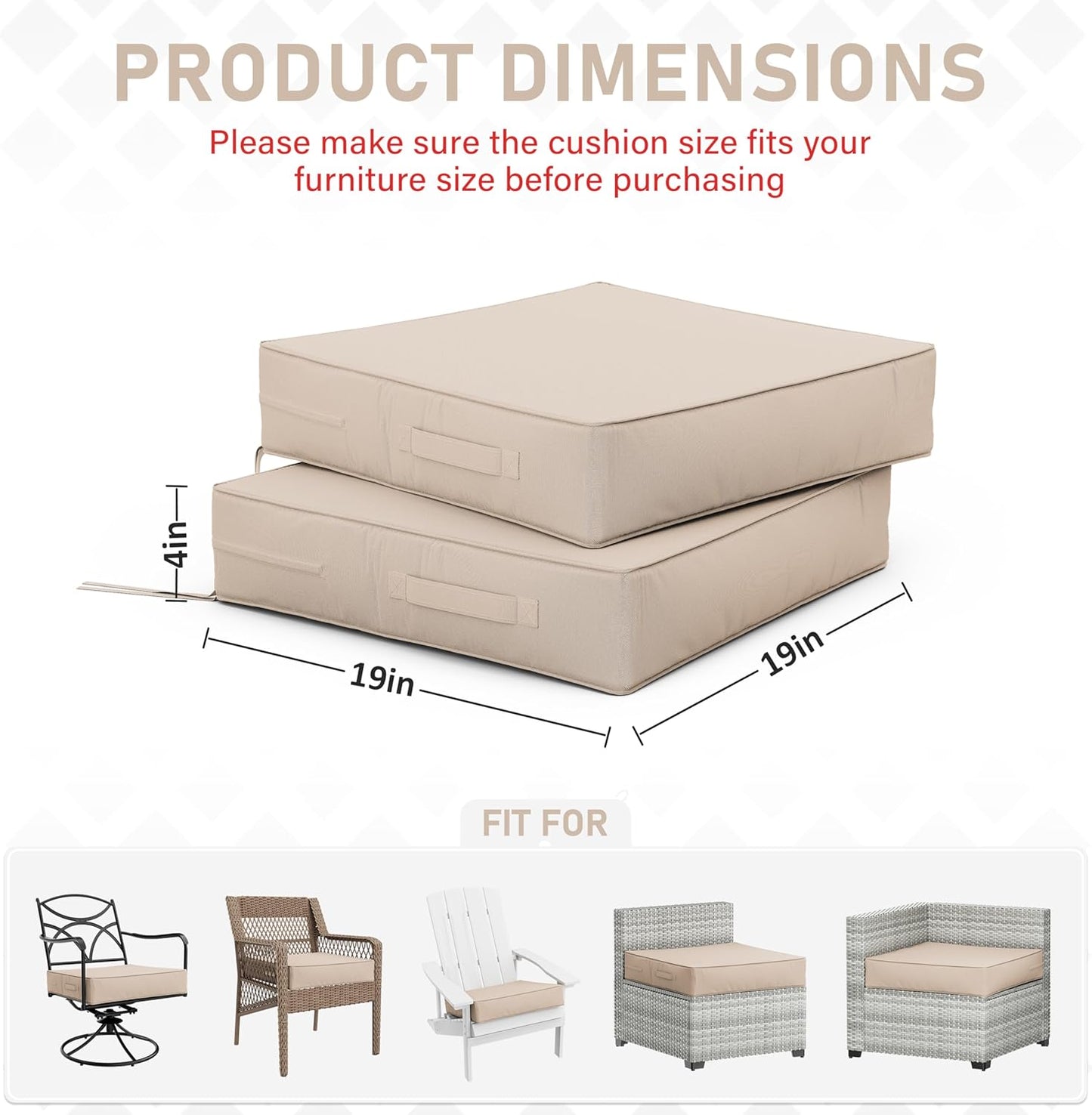 Patio Chair Cushions 19 X 19 X 4 Inch Waterproof Outdoor Seat Cushions for Patio Furniture, Outdoor Sofa Couch Pads with Ties & Handle, Set of 2, Sand