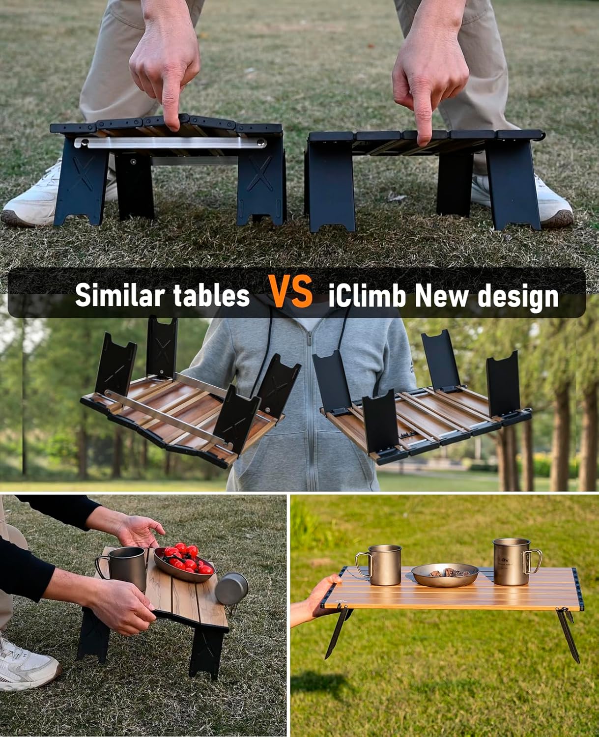 iClimb Ultralight Compact Mini Beach Picnic Folding Alu. Table with Carry Bag, Two Size (Black - S)