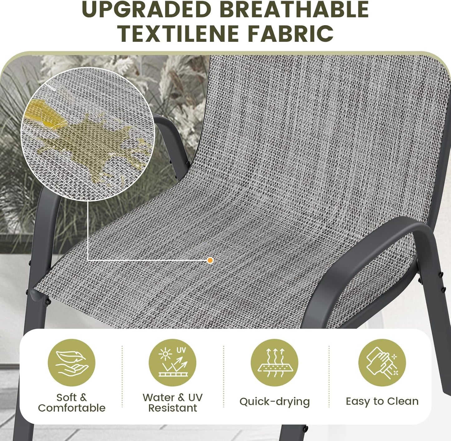 UDPATIO Patio Dining Set of 7, Outdoor Table and Chairs Set with Square Metal Table, 6 Stackable Patio Chairs with High Back, Outdoor Furniture for Deck Garden Backyard Lawn Poolside (Light Grey)