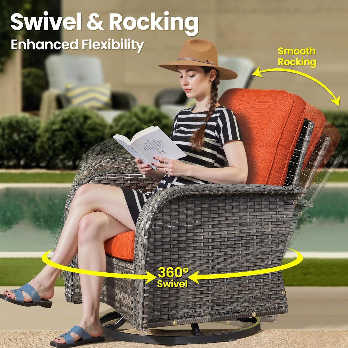 ovios 3 Pieces Patio Furniture Set, Outdoor Rocking Chairs of 2, Wicker Swivel Glider Chairs with Side Table Thick Cushions, All Weather Rattan Bistro Set for Porch, Orange Red