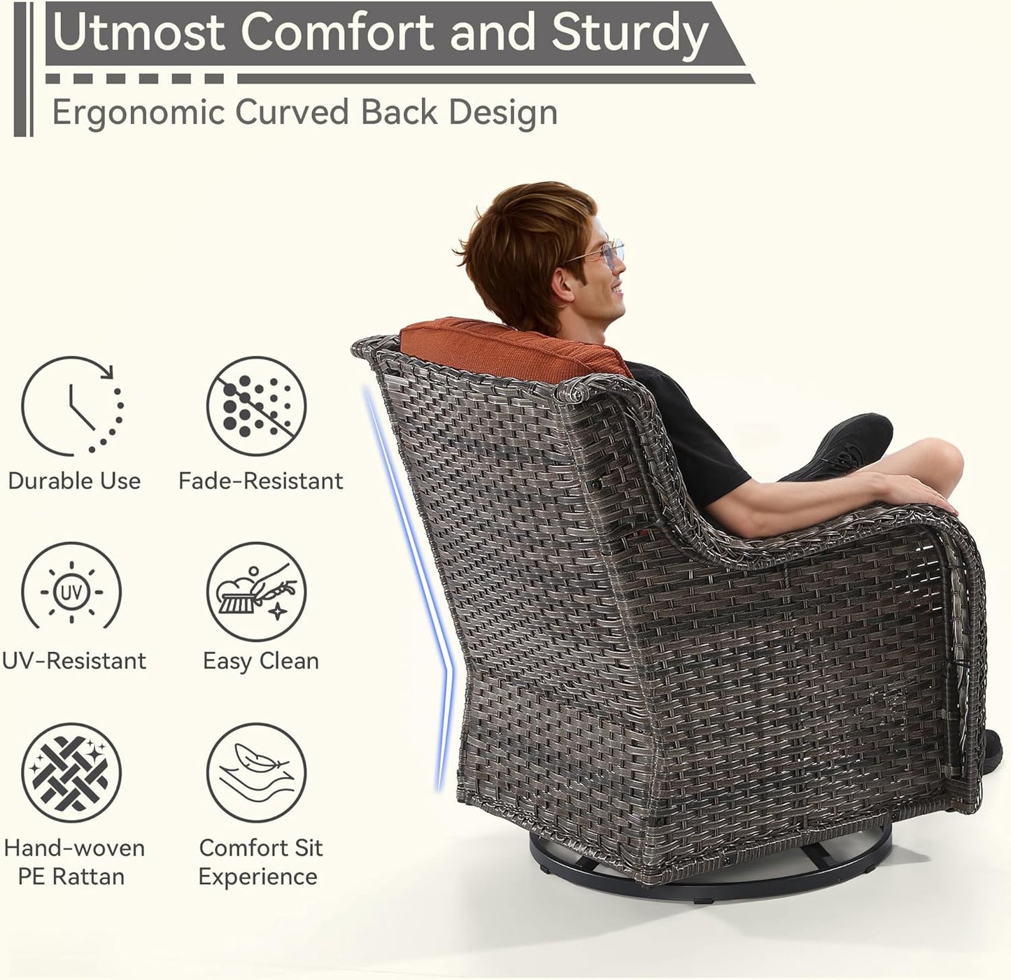 5 Pieces Outdoor Patio Furniture Set - Conversation Set Includes Wicker Swivel Rocker Chairs Set of 2, 2 Ottoman, 3-Seat Sofa, Suitable for Porch, Yard, Mixed Brown Rattan, Orange