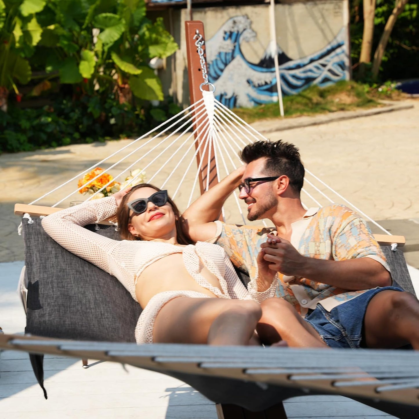 Lazy Daze Hammocks 11 FT Double Outside Hammock Quick Dry Olefin Fabric Hammock with Spreader Bar & Side Pocket for Outdoor Poolside Backyard 450 lbs Capacity, Black