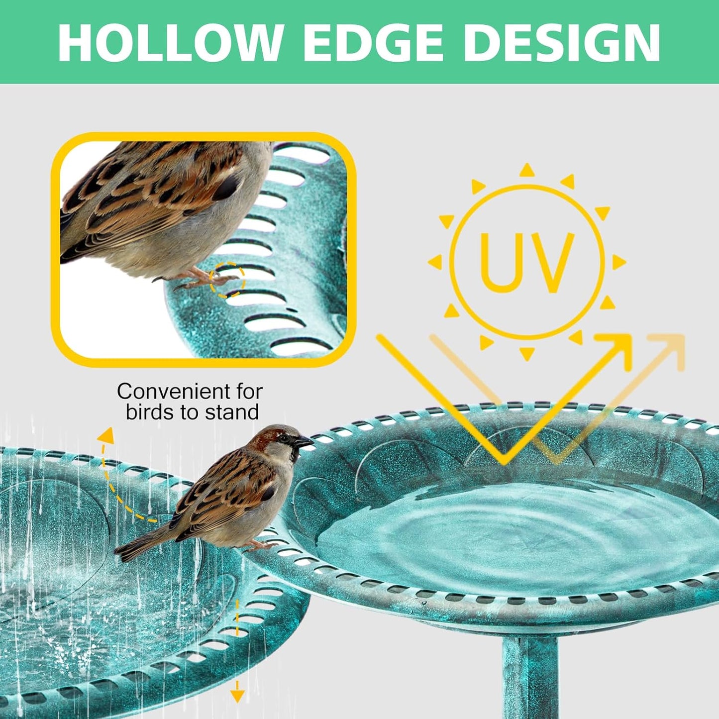 Bird Bath for Outside with 4 Removable Flower Planters 28in Polyresin Lightweight Vintage Birdbath Stake Standing Bowl and Water Feeder Yard Gardan Decor Green