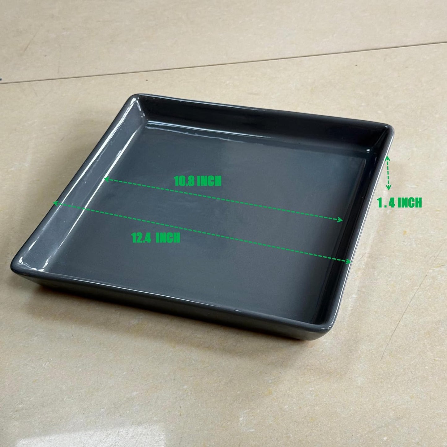 Square Plant Saucer 12 Inch 1 Pack，Plant Trays for Pots, Gray Ceramic Plant Saucers for Indoors Outdoors, Plant Drip Tray 4 6 8 10 12 14 Inch