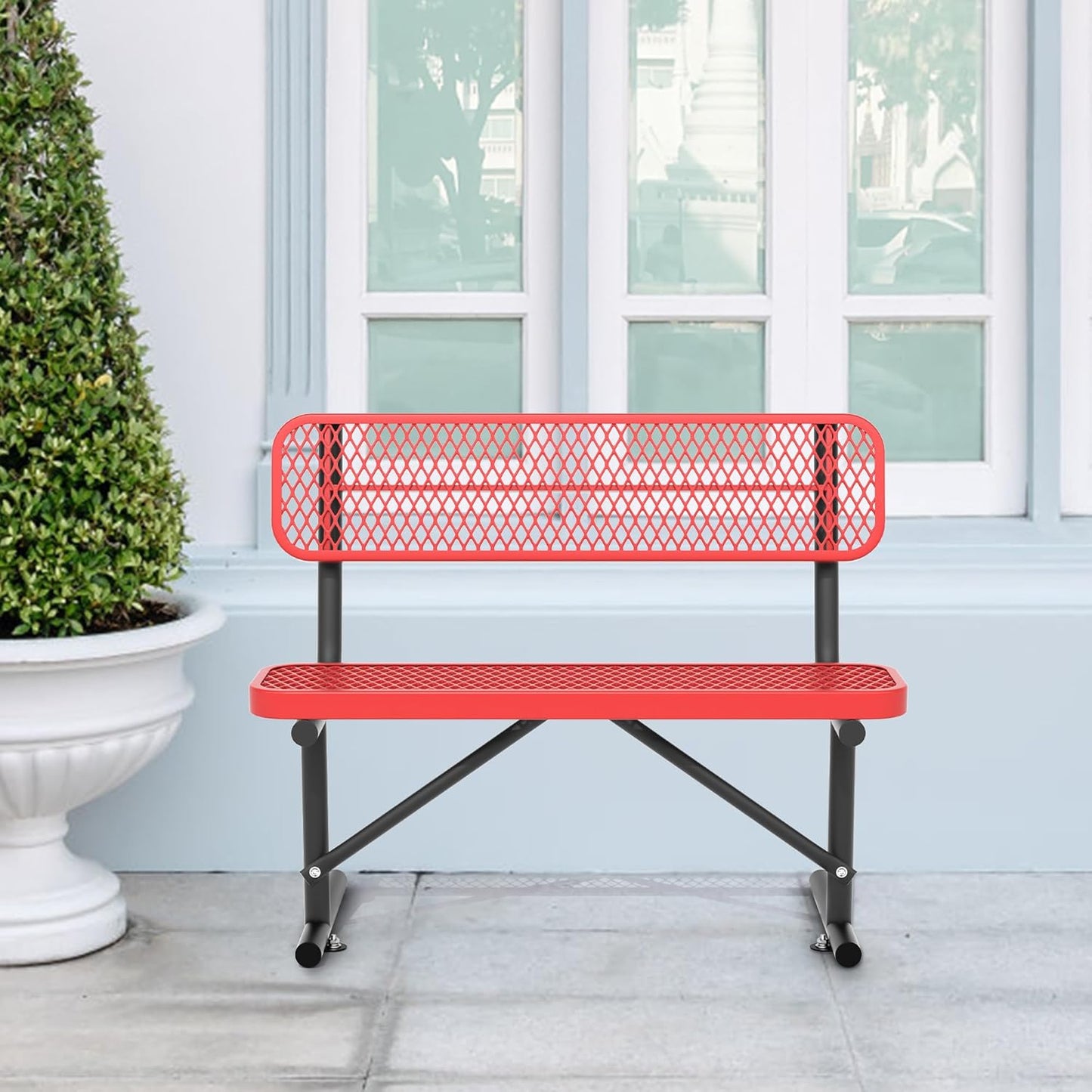 4 Feet Heavy Duty Metal Park Bench for Outside, Outdoor Bench with Backrest & Portable Frame, Commercial Benches for Shopping Malls, Stores, Parks, Patios, Decks, Red