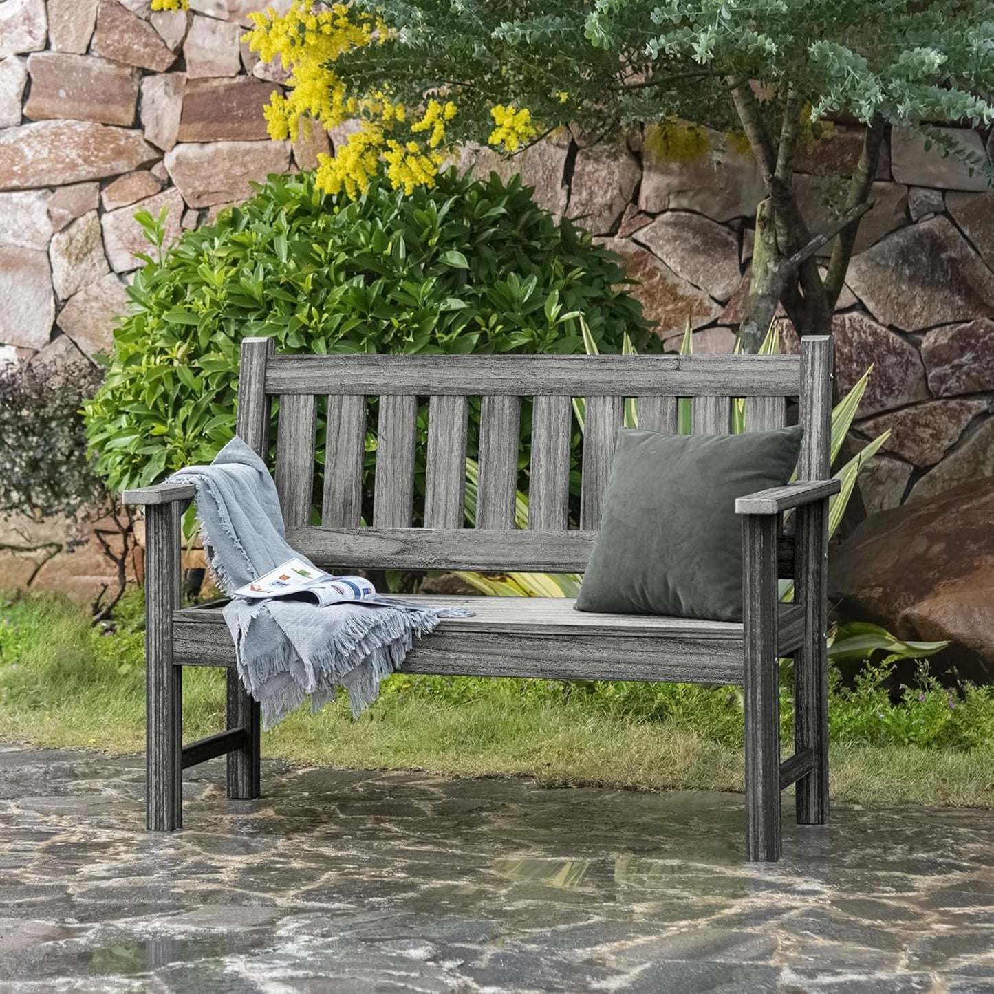 Outdoor Bench, 2-Person Garden Bench, Poly Lumber Patio Bench for Outdoors, Porch, and Park (Light Grey)