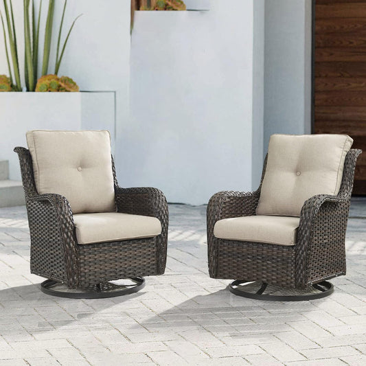 Outdoor Patio Swivel Rocker Chairs - Wicker Rattan Patio Swivel Rocking Chairs Set of 2 with High Back,Deep Seating and Comfort Cushions for Deck Porch Garden,Brown/Beige