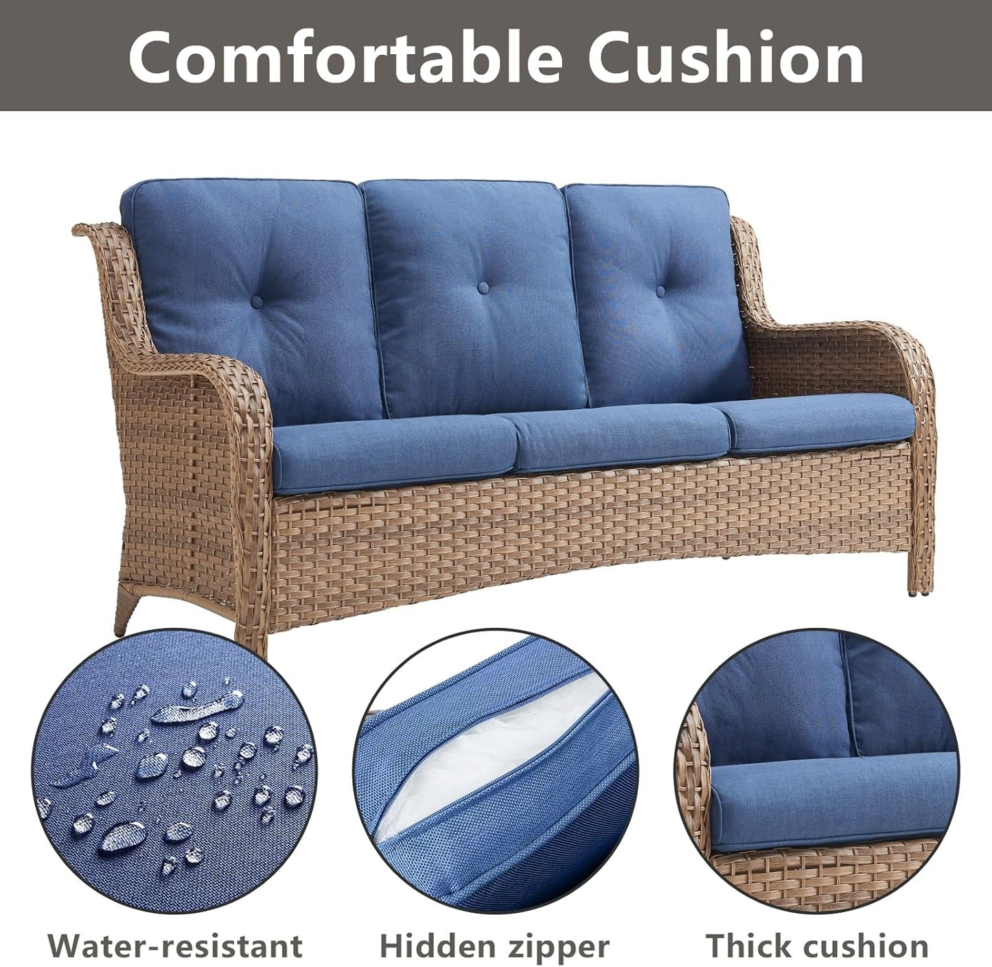 Outdoor Wicker Patio Furniture Set - 5 Piece Rattan Patio Conversation Set with 2 Rocking Swivel Chairs,2 Ottomans and 1 Sofa for Porch Deck Backyard Garden(Yellow/Blue)