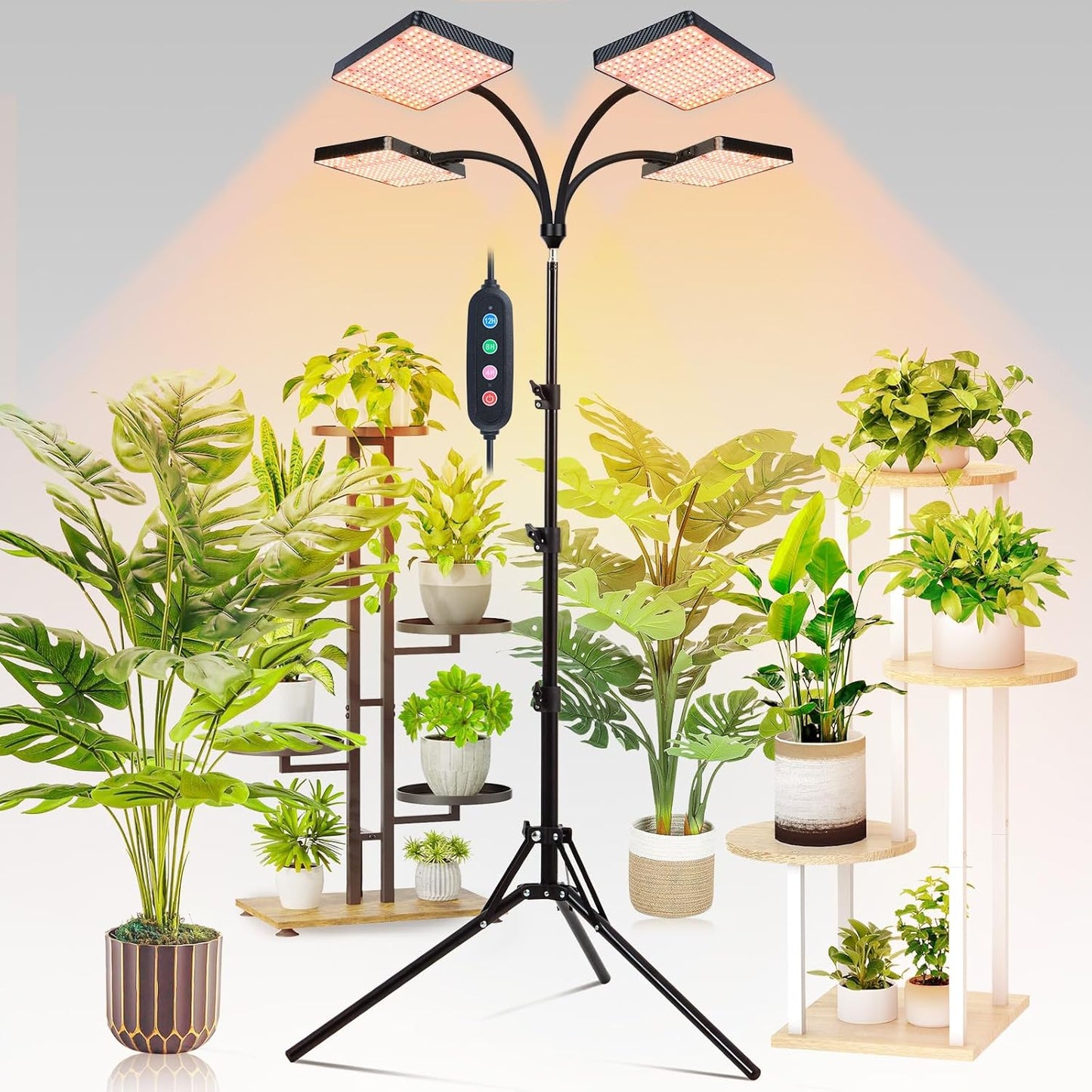 4-Head Grow Light with Stand 100W, FECiDA 2025 Grow Lights for Indoor Plants, Full Spectrum LED Plant Grow Light for Houseplants, Bonsai Tree, 4,8,12,16 Hr Timer and 360° Gooseneck