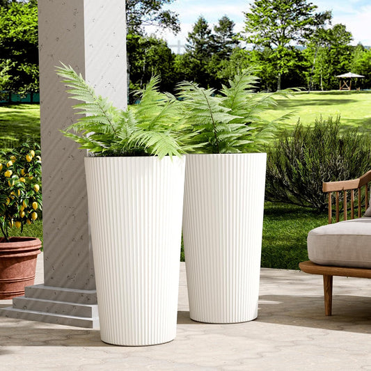 23.6" Tall Outdoor Planters, Set of 2 Large Plastic Flower Pots for Indoor & Outdoor Use, Modern Striped Decorative Garden Planters with Drainage Holes for Patio, Porch, Balcony, White