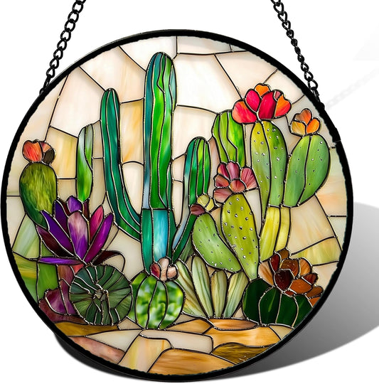 Stained Glass Window Hanging, White Green Cactus Suncatcher Diamond Glass Panel Hangings Sun Catchers Decor for Birthday for Women, Men, Wife, Aunt, and Mom 14.9x14.9 in