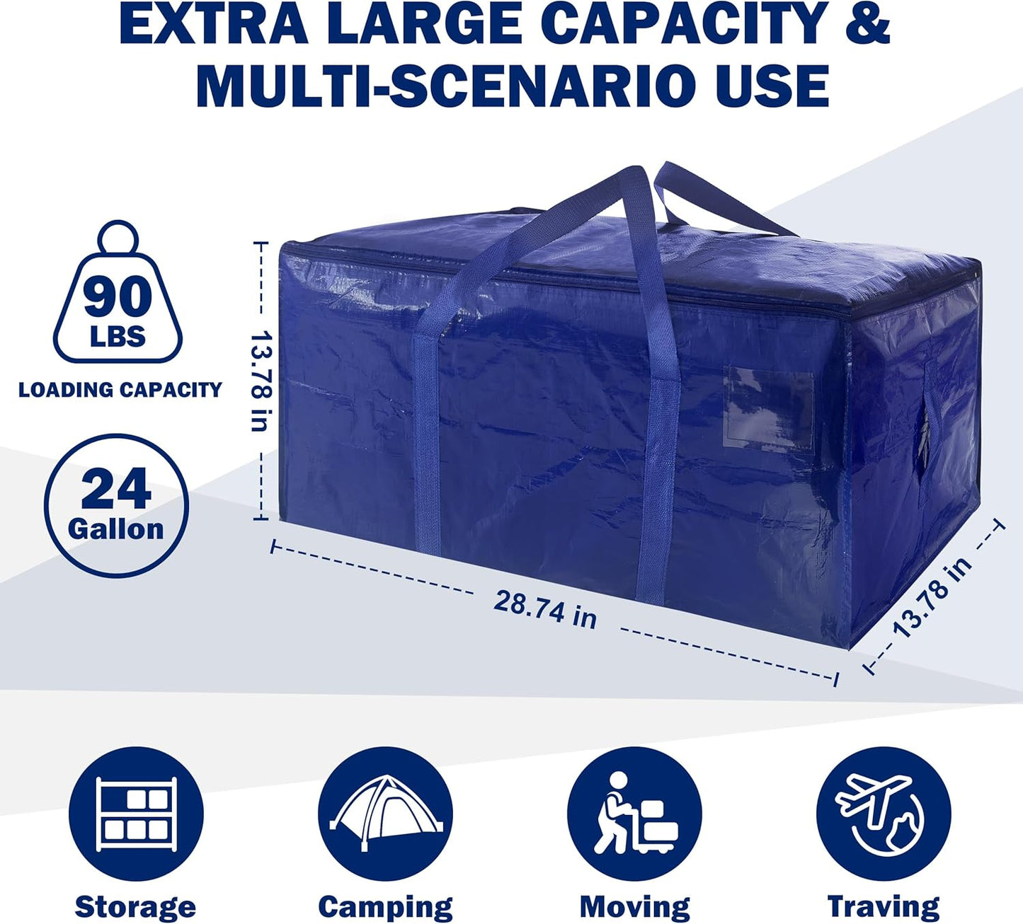 12 Pack Extra Heavy Duty Large Moving Bags with Strong Zipper & Carrying Handles, Sturdy Clothes Storage Bags Totes Bins, Packing Bag Move Boxes College Moving Supplies, Dark Blue - 24 gal
