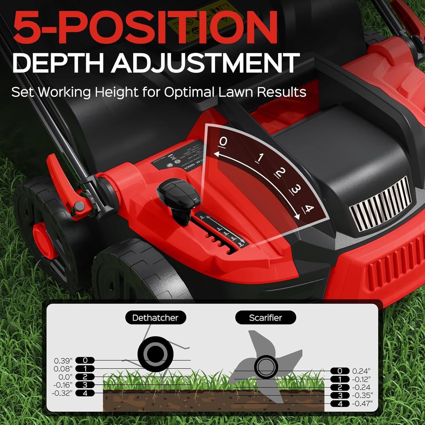 16-Inch 15.5 Amp 2-in-1 Electric Dethatcher and Scarifier with 14.5-Gallon Collection Bag, Lawn Dethatcher with 5-Position Adjustment, Quick-Fold, Keeps Lawn Healthy - Red
