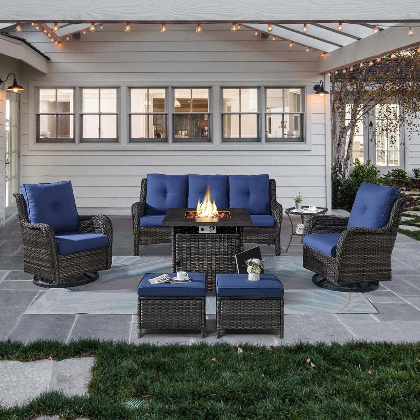 Outdoor Patio Furniture Set with Propane Fire Pit Table, 7 Pieces Wicker Patio Conversation Set with 2 Swivel Glider Rocker Chairs Rattan Sofa Blue Cushion Perfect for Casual Gathering Gray