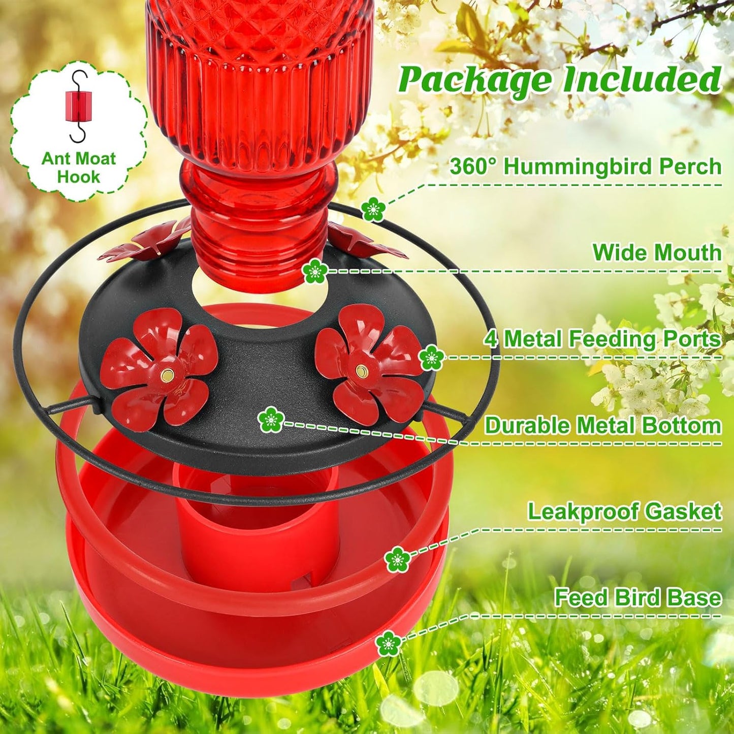 FEED GARDEN Glass Hummingbird Feeder for Outdoors Hanging, 16 OZ Humming Bird Feeders with 4 Bee Guard Feeding Ports & Built-in Ant Moat, Hummingbird Gifts for Mom Bird Feeder for Outside, Red,2 Pack